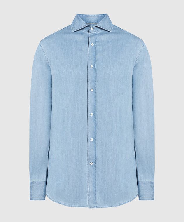 Brunello Cucinelli o1s22i1n0925 Chambray Shirt in Light Blue Size L / US 10 / IT 46 - 1 Thumbnail