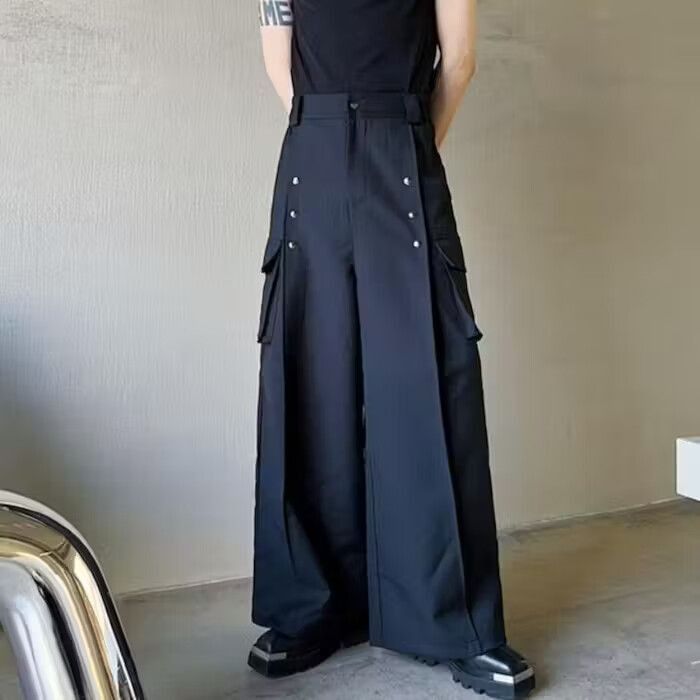 image of Streetwear Vintage Style Casual Wide Leg Trousers in Black, Men's (Size 32)