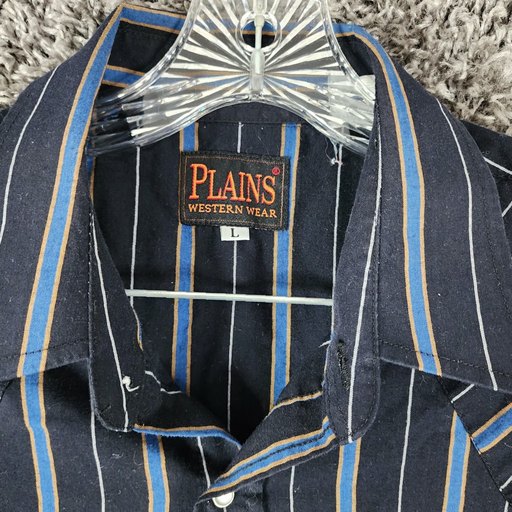 Vintage Plains Western Wear Shirt Mens Black Blue Striped Short Sleeve Button-Up Size L Western Pattern Snap Closure Blue 90s style? Size US 33 - 4 Thumbnail