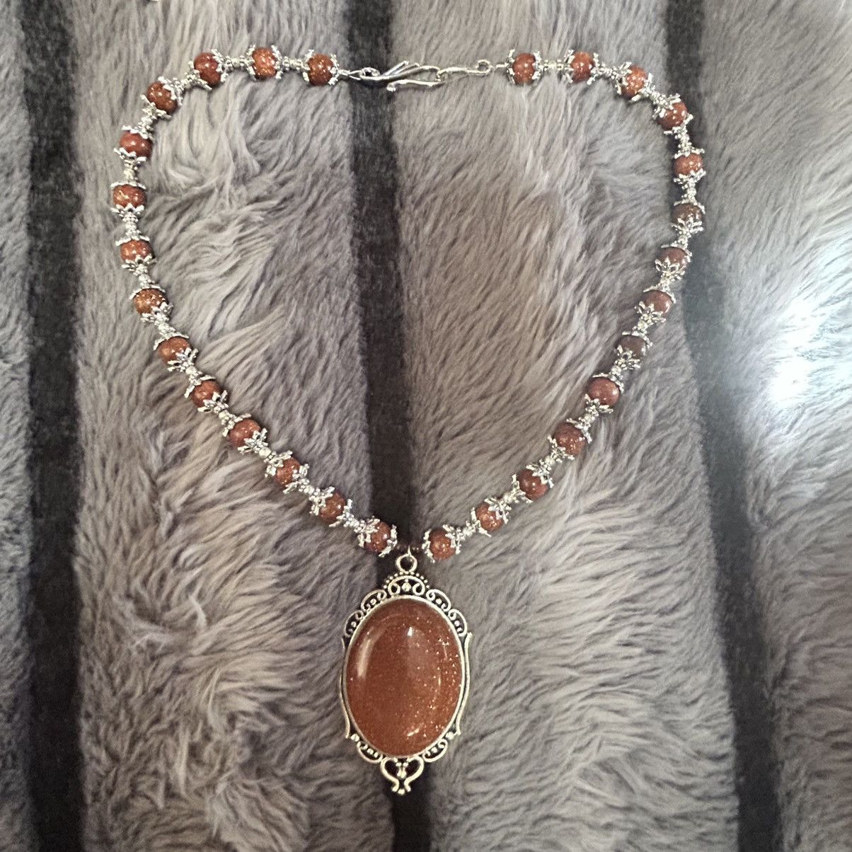 Handmade Handcrafted elegant goldstone cameo framed bead necklace Size ONE SIZE - 8 Thumbnail