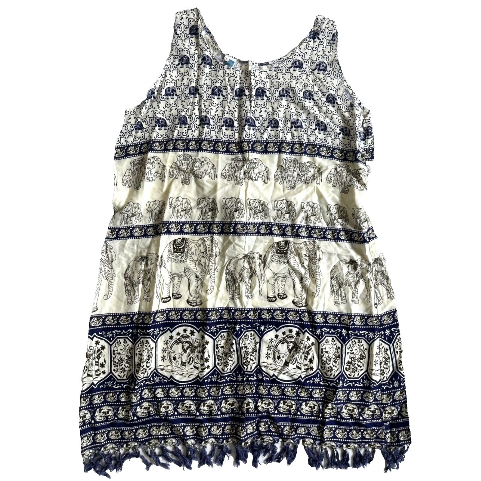 Vintage VINTAGE Thailand 100% Rayon Ivory Blue Elephant Floral Tunic Tank Sun Dress M-L Womens Size M / US 6-8 / IT 42-44 - 2 Thumbnail