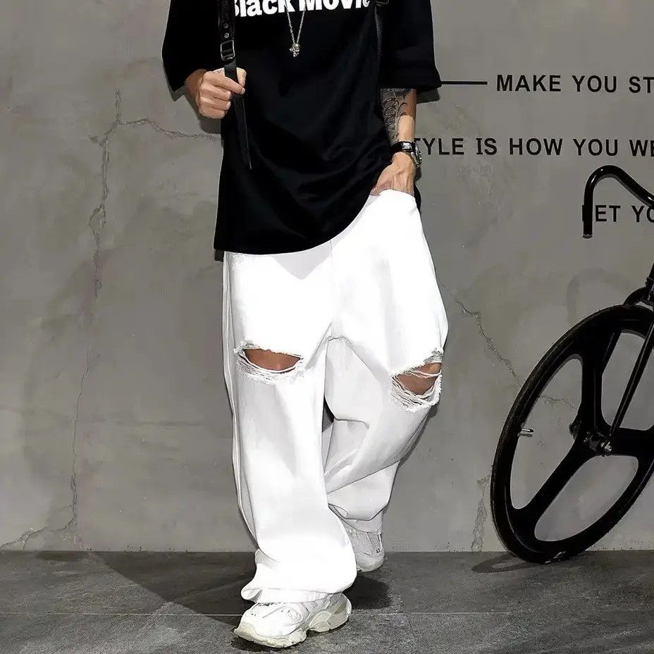 Japanese Brand Streetwear Baggy Straight Hole Distressed Jeans Size US 34 / EU 50 - 2 Thumbnail