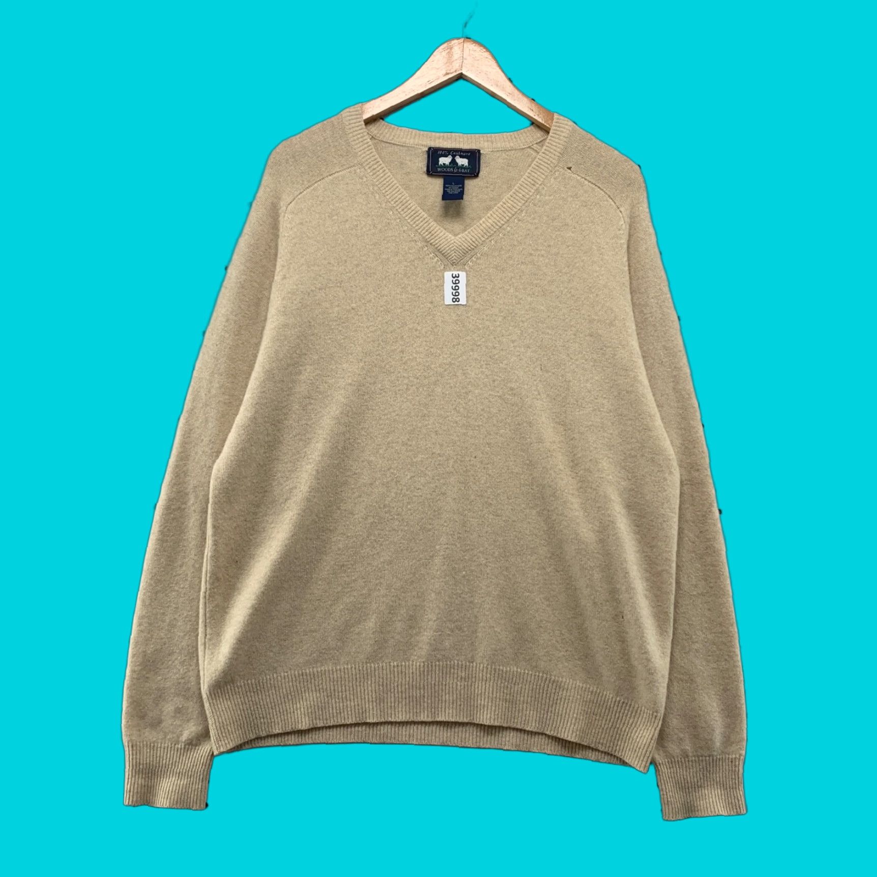 Vintage Woods & Gray 100% Cashmere Knit Sweater Mens Large Beige V-Neck Pullover Size US L / EU 52-54 / 3 - 1 Thumbnail