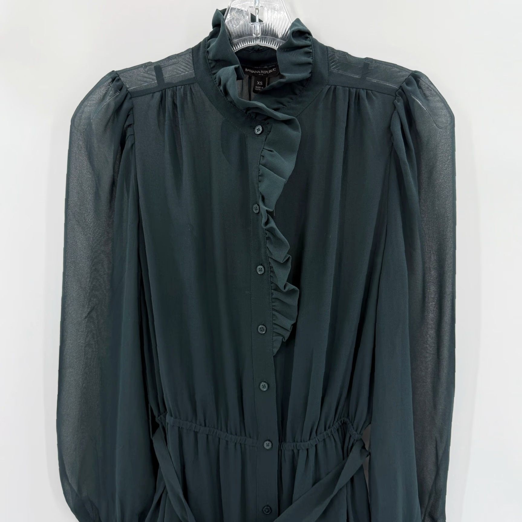 VINTAGE Banana Republic Factory Shirt Dress XS Green Midi Long Sleeve Womens