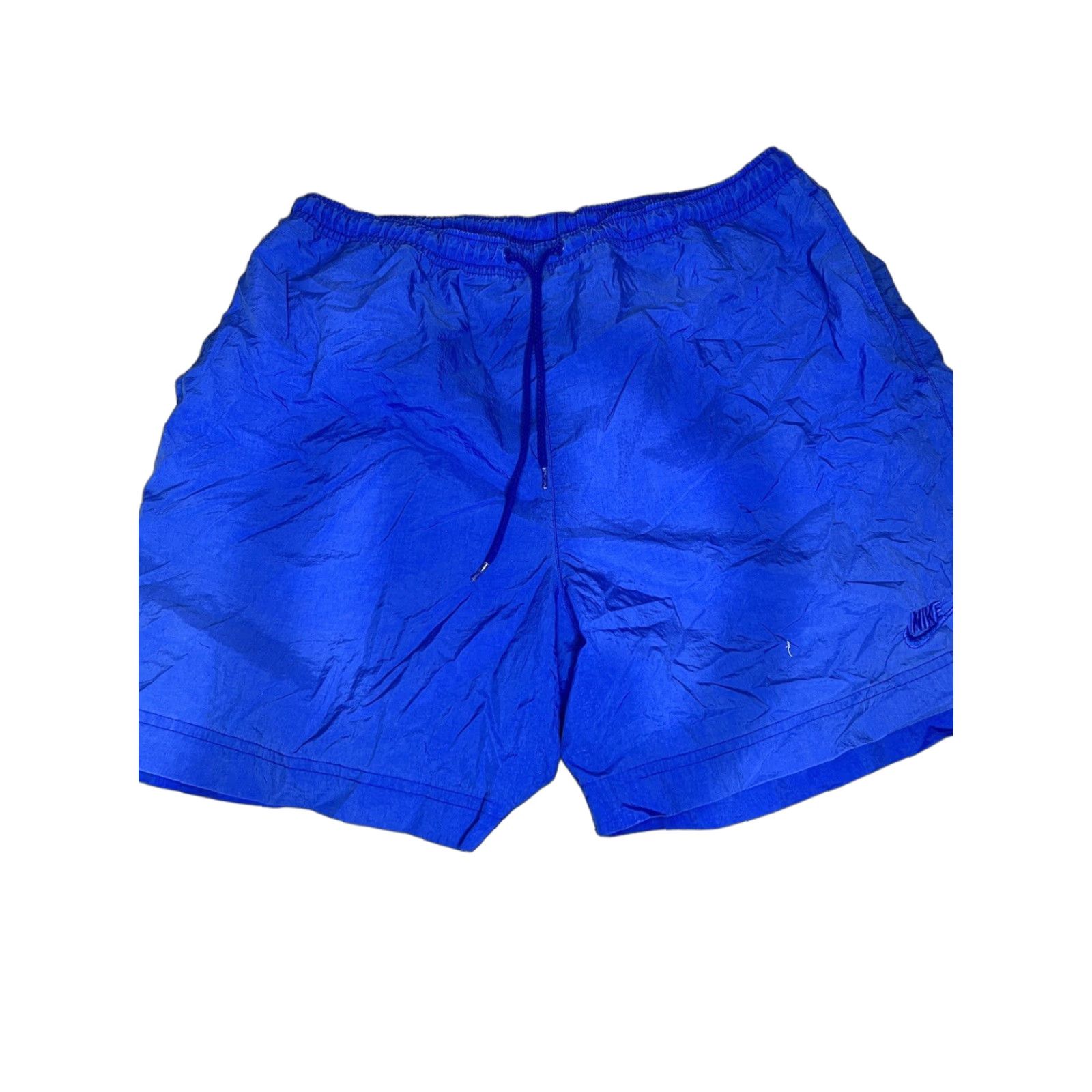 Nike VINTAGE Nike Split Shorts Solid Blue Embroidered Logo White Tag L Men Bottom Drawstring Pockets Trunks 90s? Size US 33 - 1 Thumbnail