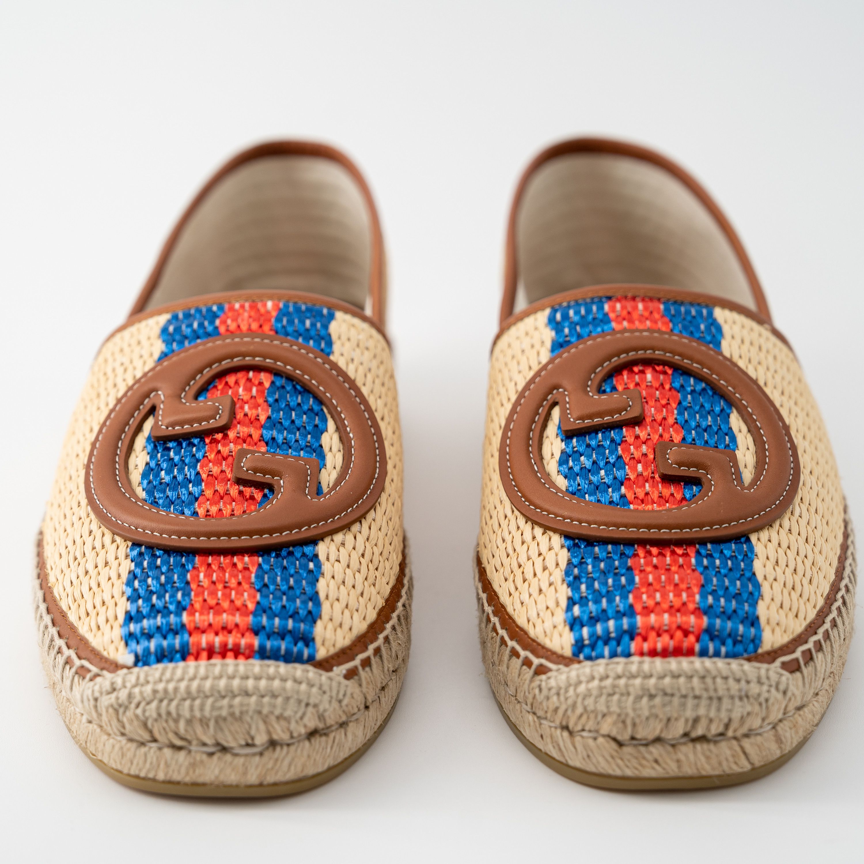 Gucci 9.5G Gucci Brown Raffia GG Espadrilles Red Blue Stripe Size US 10 / EU 43 - 2 Thumbnail