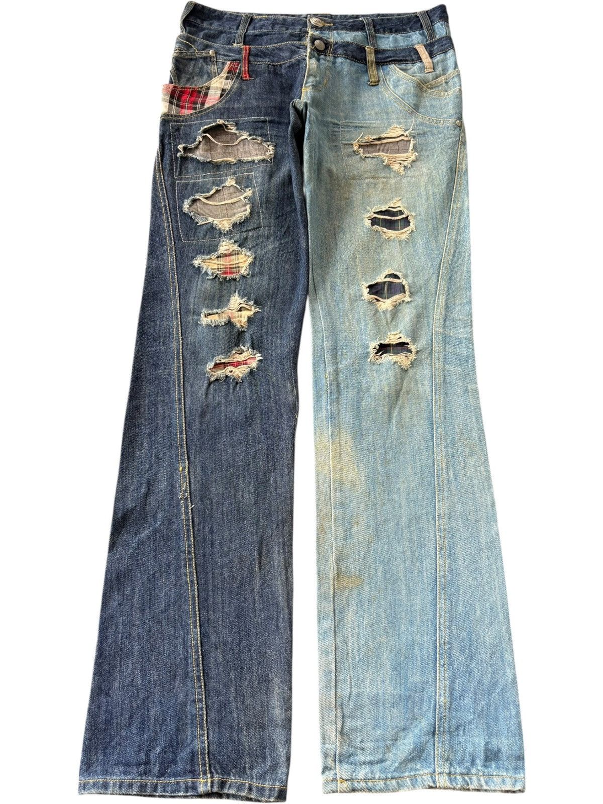 Japanese Brand Vintage Japanese Brand Double Waist Patched Hybrid Jeans Size US 33 - 1 Thumbnail