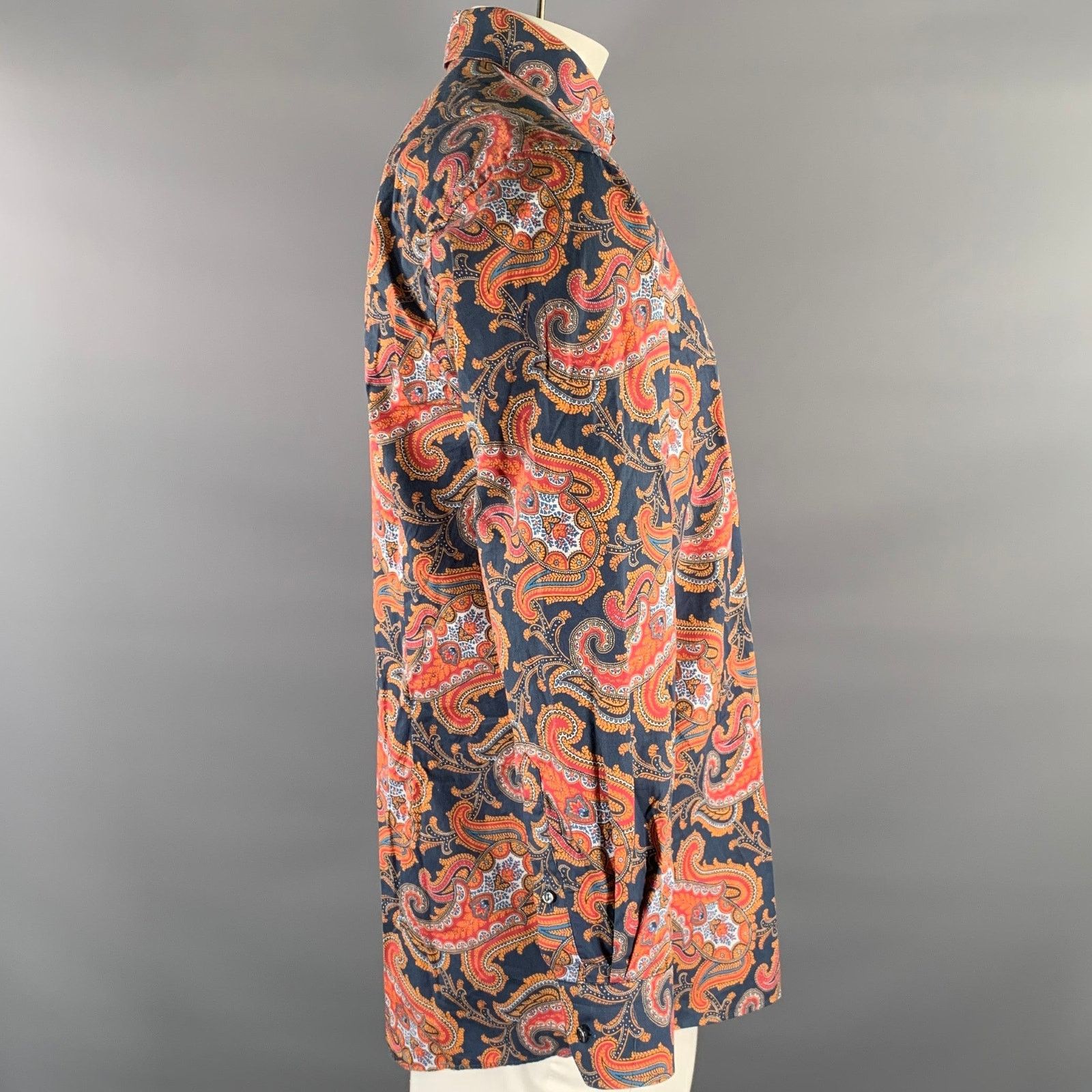 ETON Size XL Navy Orange Paisley Long Sleeve Shirt