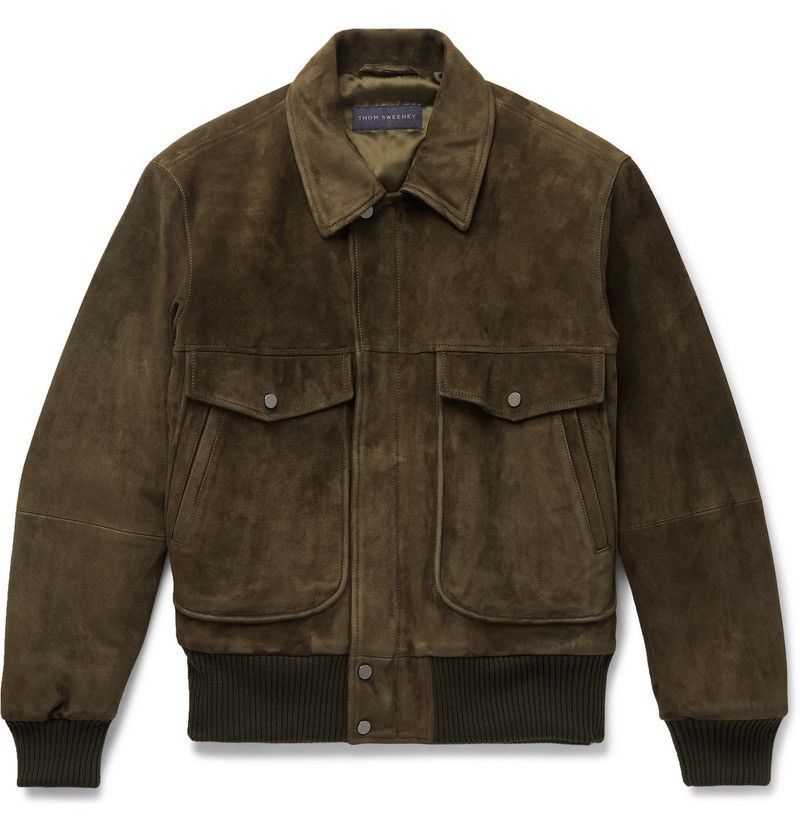 Thom Sweeney Incredible Olive Green/Brown Leather Suede Bomber Jacket Size US L / EU 52-54 / 3 - 11 Thumbnail