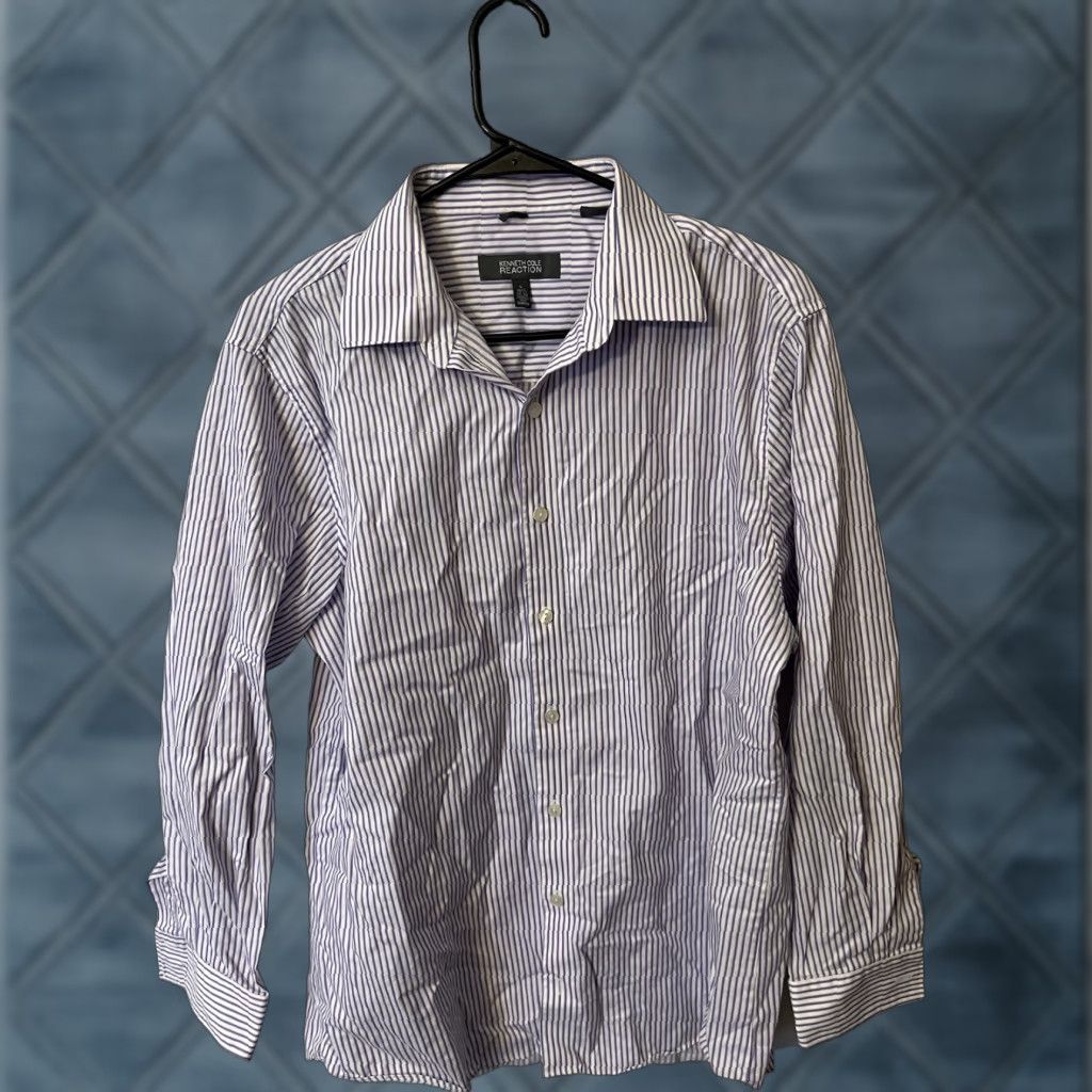 Kenneth Cole Kenneth Cole Shirt Mens L White Purple Striped Non Iron Slim Fit Button-Up Size US L / EU 52-54 / 3 - 1 Thumbnail