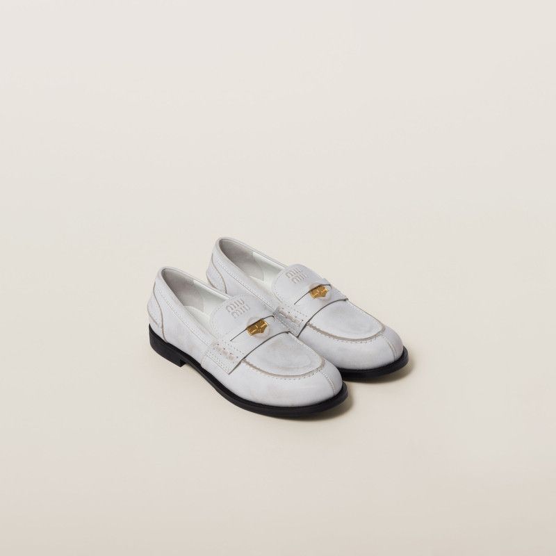 Miu Miu o1B3y1r0526 Vintage-Effect Leather Loafers in White Size US 7.5 / IT 37.5 - 2 Thumbnail