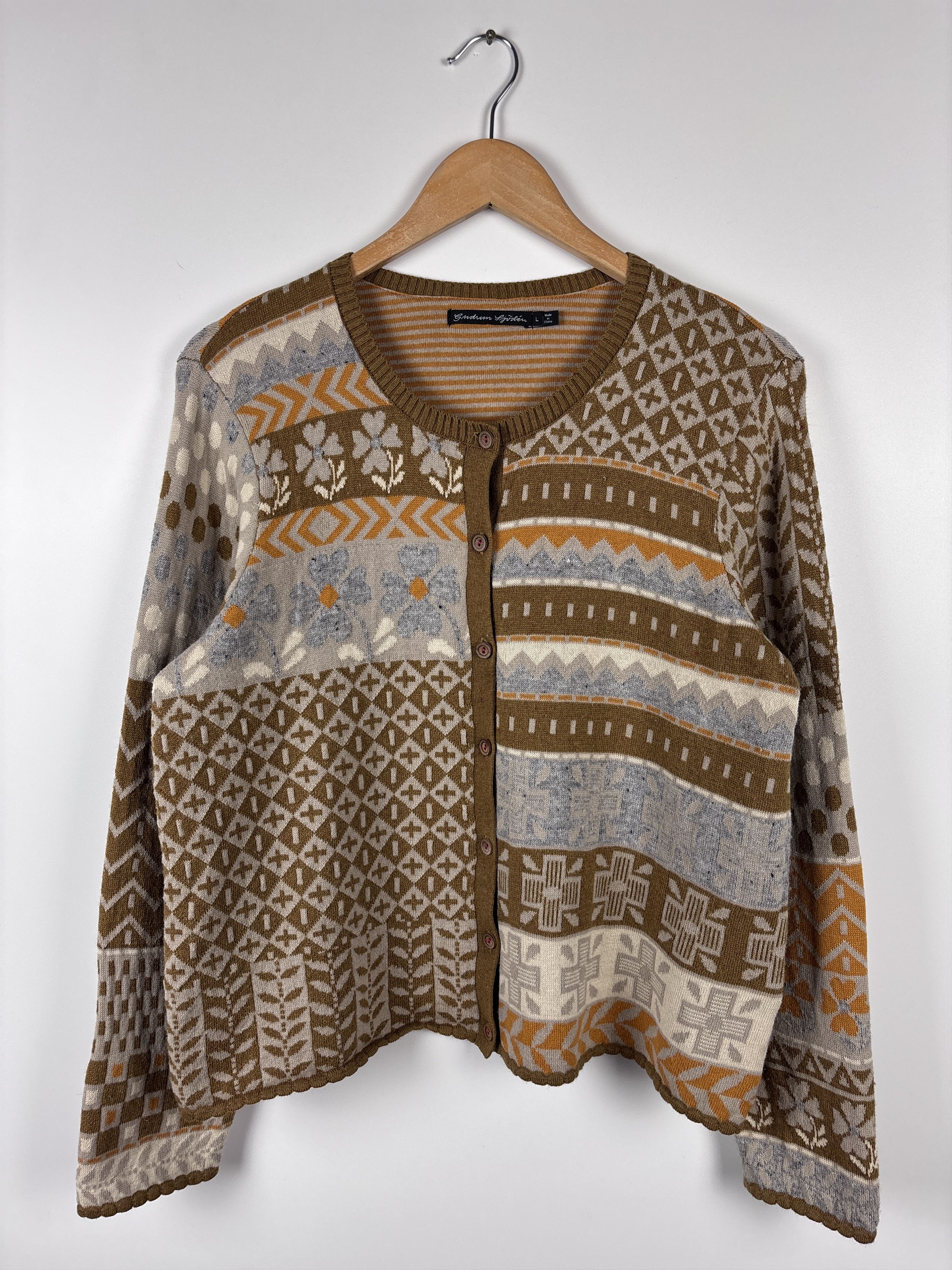 Gudrun Sjoden Floral Abstract Cardigan Sweater Cotton Wool L