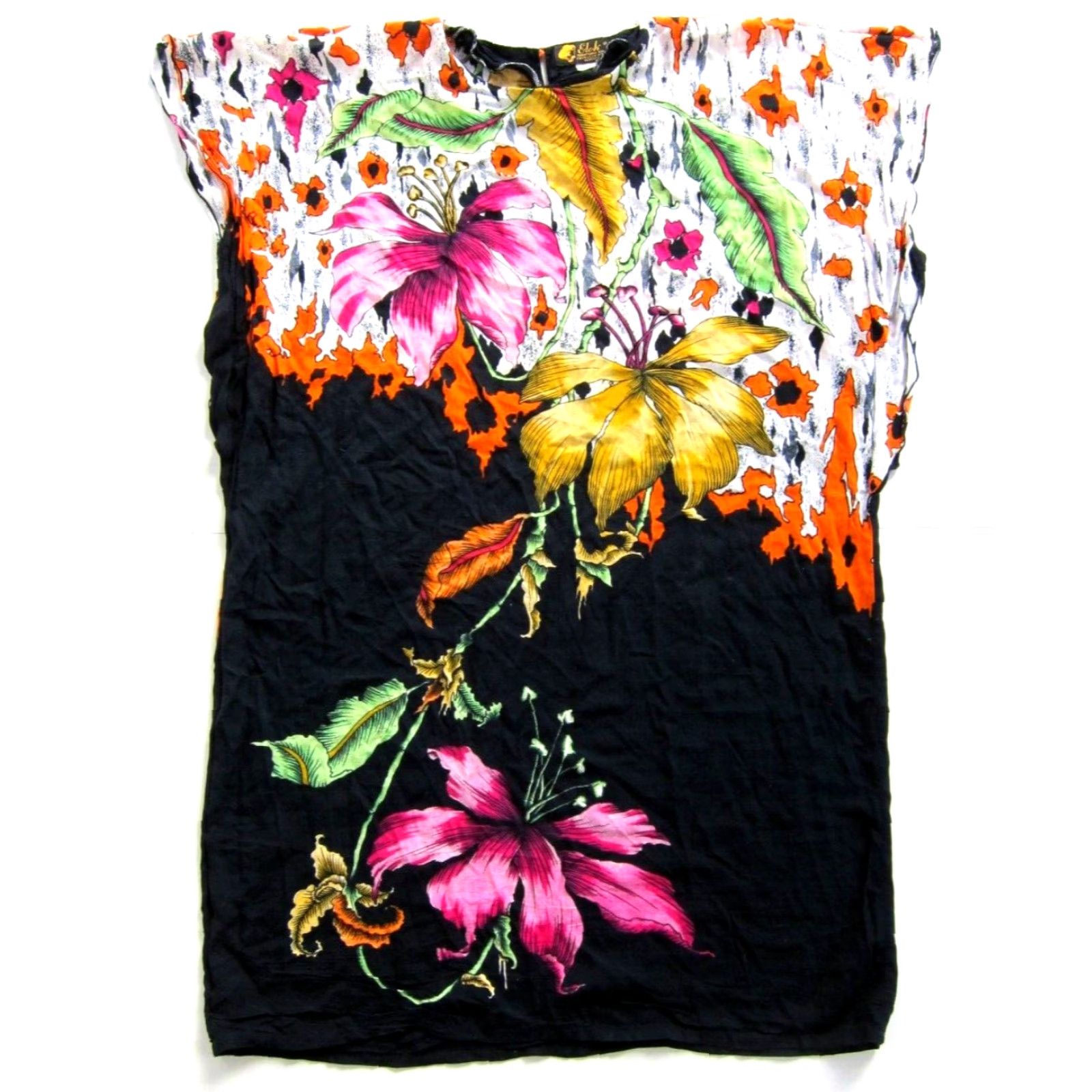 Pinko VTG Elok Rayon Indonesia Batik Floral Black Pink Yellow Kaftan Muumuu Dress OS Size ONE SIZE - 2 Thumbnail