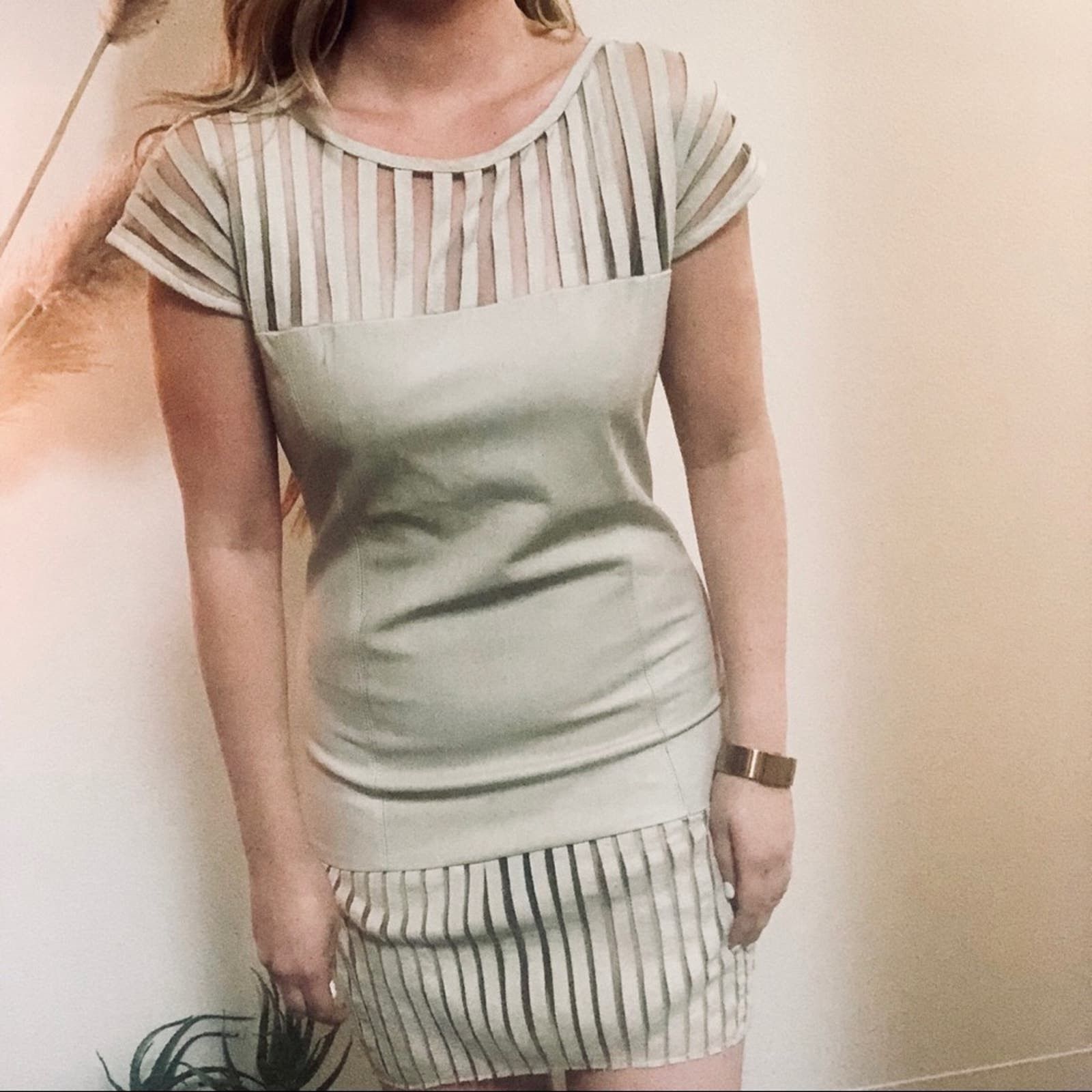 image of Vintage Cream Tan Leather Mesh Panel Mini Dropwaist Dress, Women's (Size Medium)