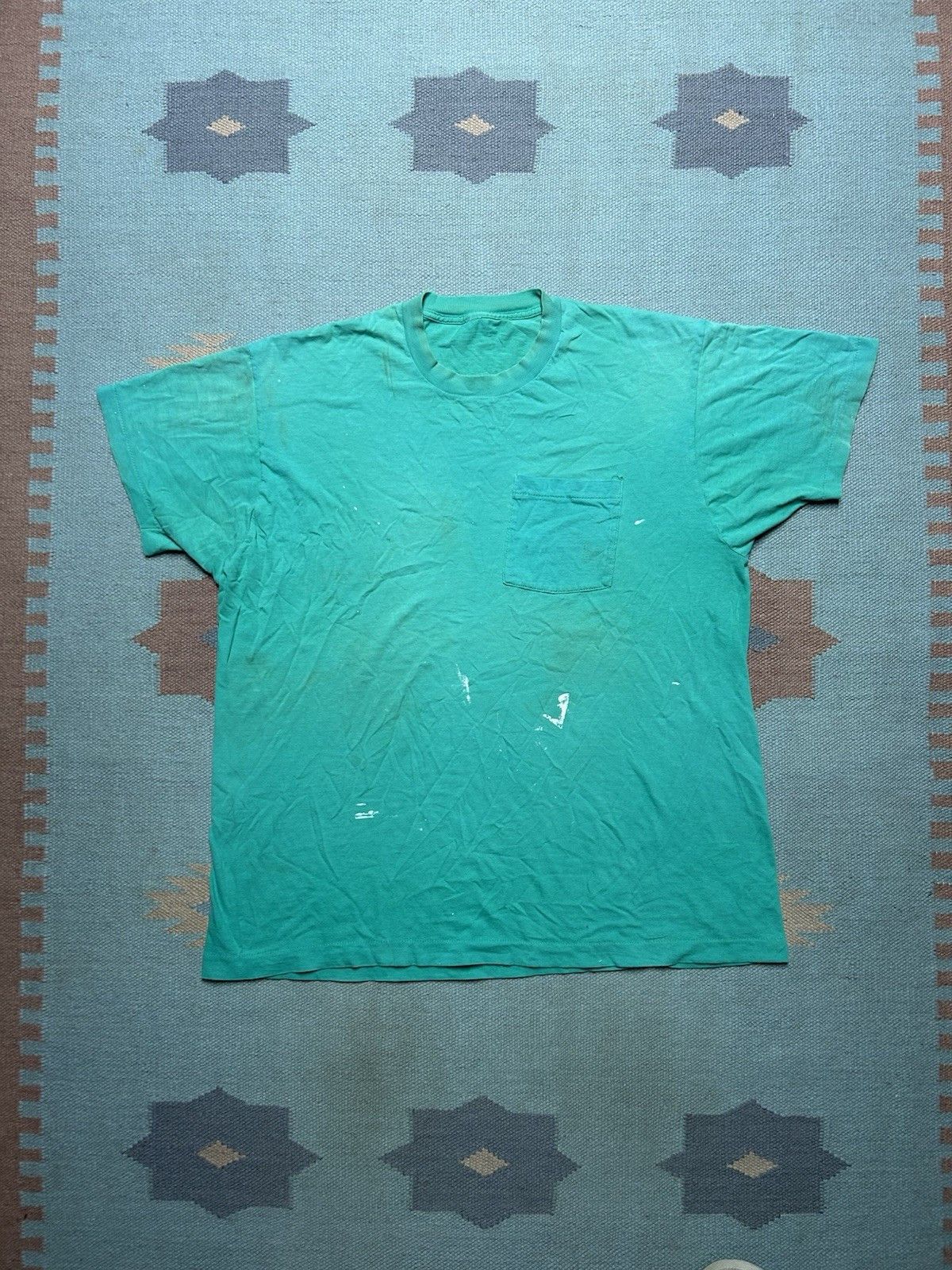 Vintage Vtg 80s pocket t shirt blank teal paint distressed cotton XL Size US XL / EU 56 / 4 - 1 Thumbnail