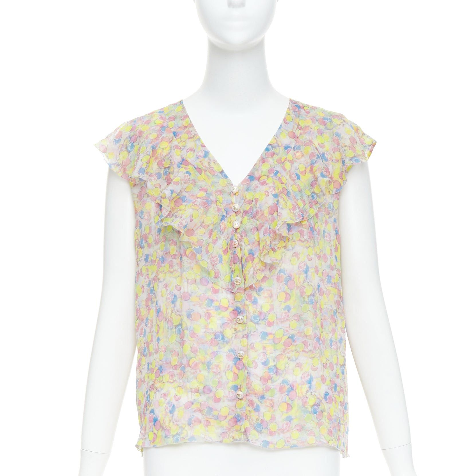 Chanel CHANEL 2011 100% silk Vintage circle pastel CC logo ruffle blouse FR42 XL Size L / US 10 / IT 46 - 1 Thumbnail