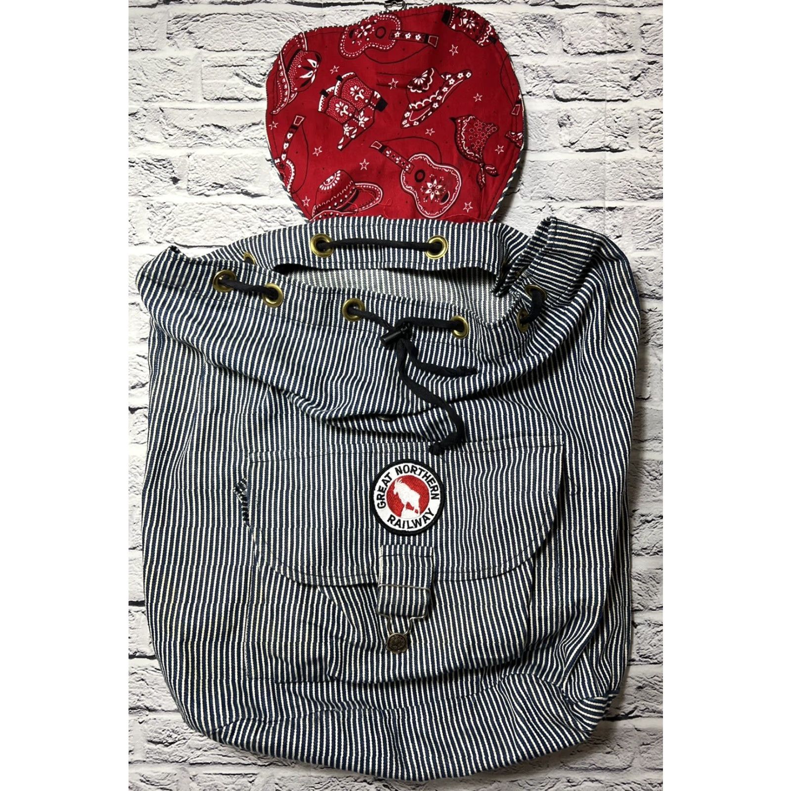 Denime VINTAGE Denim Railroad Stripe Backpack Blue & White Great Northern Railway Patch Size ONE SIZE - 3 Thumbnail