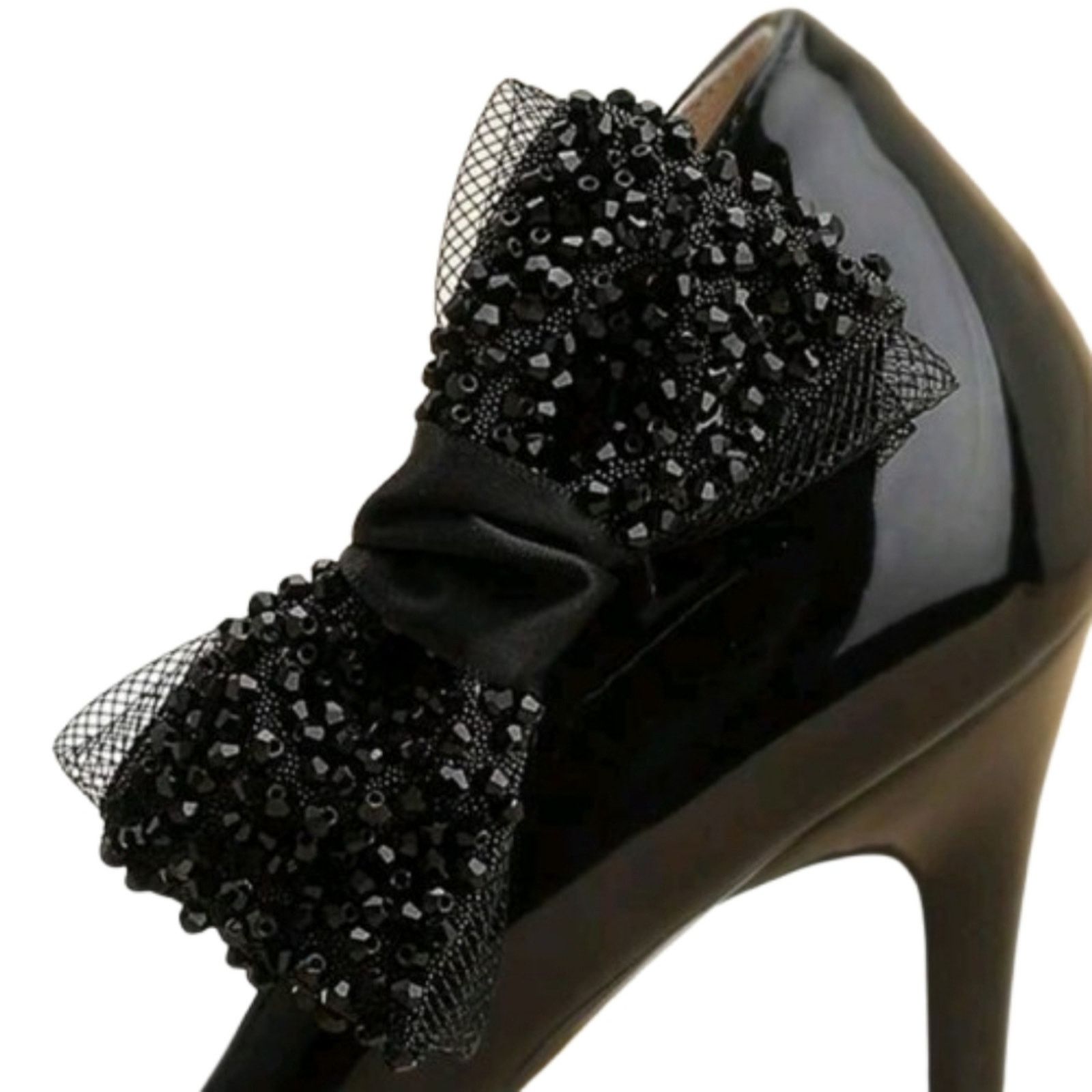 Other MIDNITE BLACK ● JET BEADS ● TULLE BOW ● SHOE CLIPS ● NWOT Size US 4 / IT 34 - 5 Thumbnail