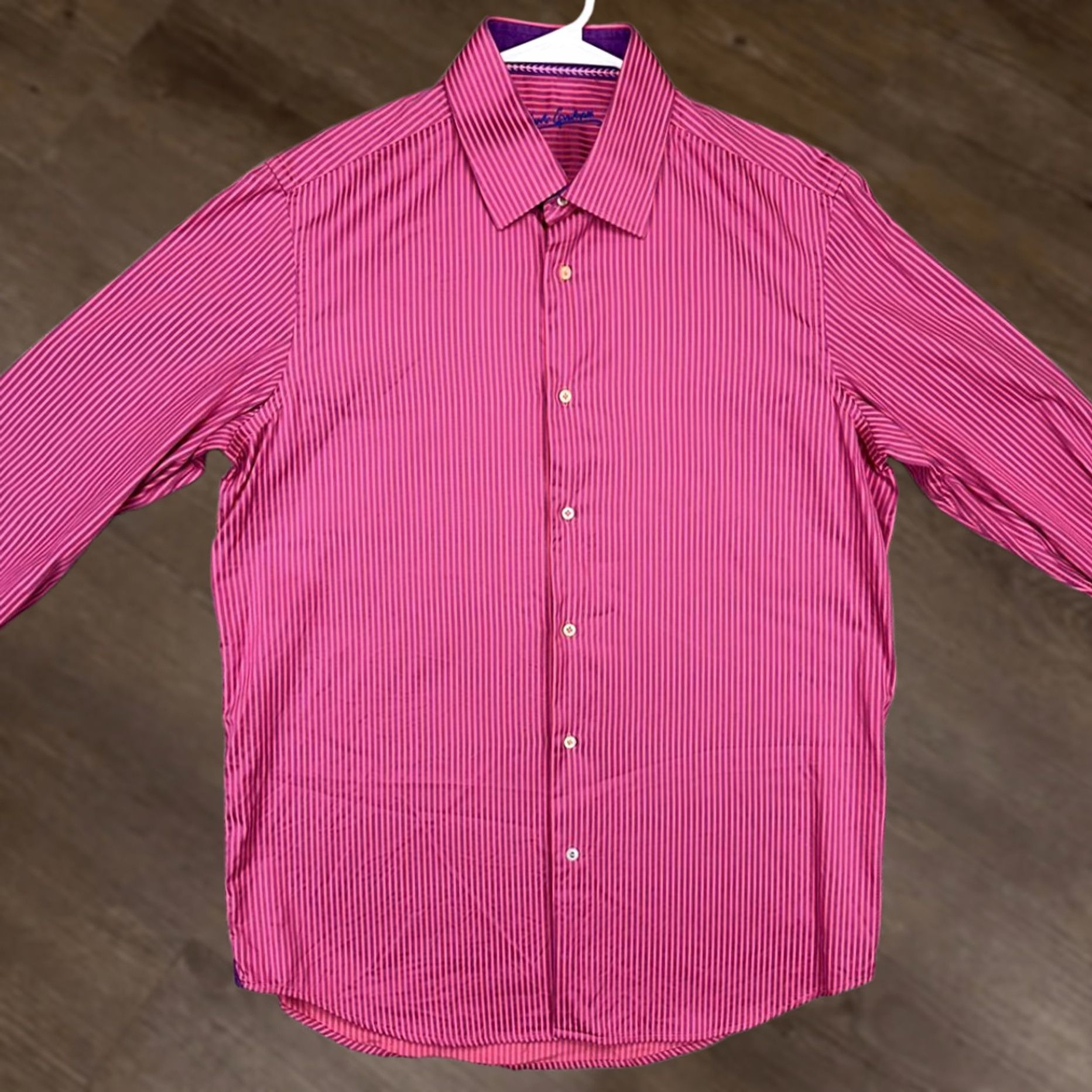 Robert Graham Robert Graham Dress Shirt Mens 16-41 Pink Purple Striped Flip Cuff Barrel Cuff Long Sleeve Cotton Casual Formal Preppy Mens Regular Size L Size 42R - 1 Thumbnail