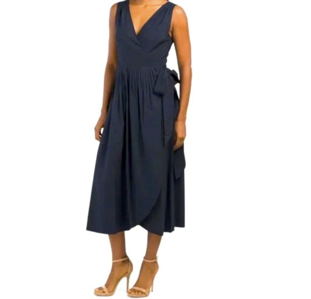 Wrap Dress Navy Blue Slvless Pleated Belted Midi Comfy Gift