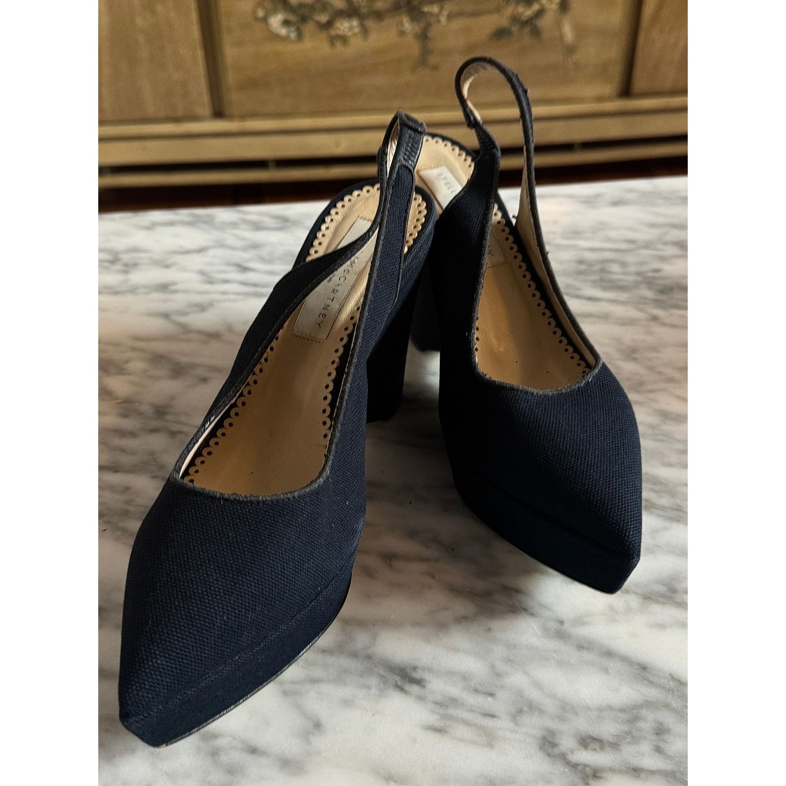 Stella McCartney Stella Mccartney Slingback Wedge Shoes in Navy Blue Canvas Size US 7 / IT 37 - 1 Thumbnail