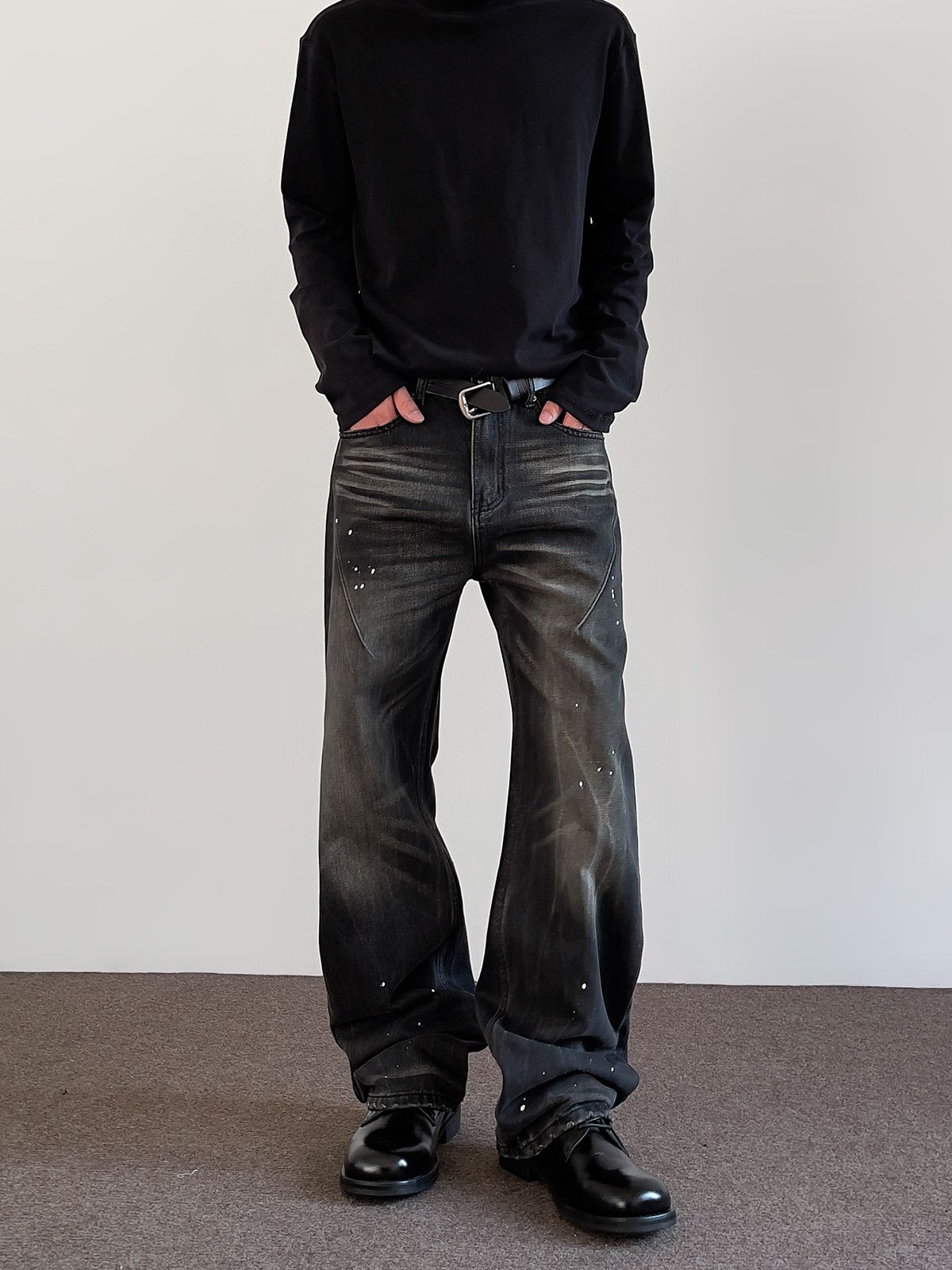 Washed Bootcut Denim Jeans with Paint Splatter Detail