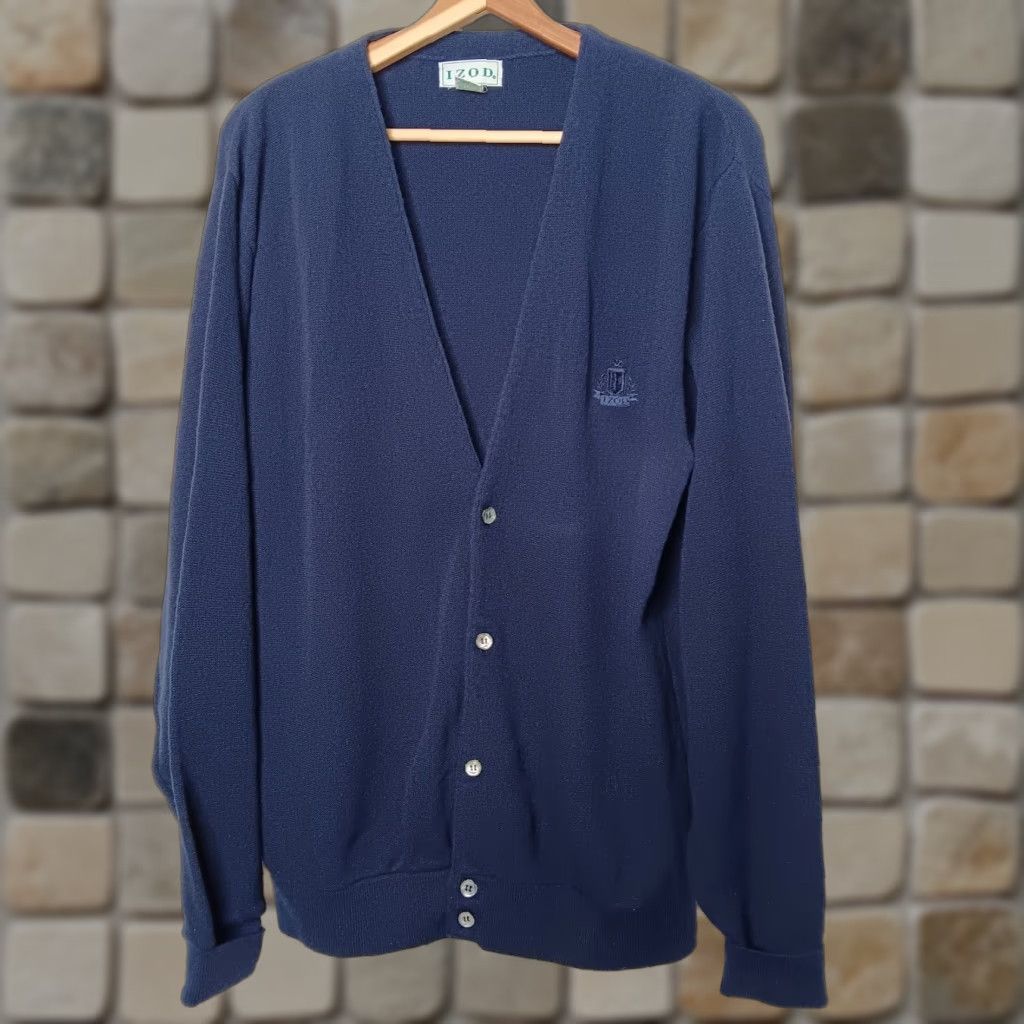 Izod VINTAGE IZOD Mens Large Tall Cardigan Sweater Button V Neck Blue Grandpa Logo Knit Kick 80s 70s Grunge Hipster Size US L / EU 52-54 / 3 - 1 Thumbnail