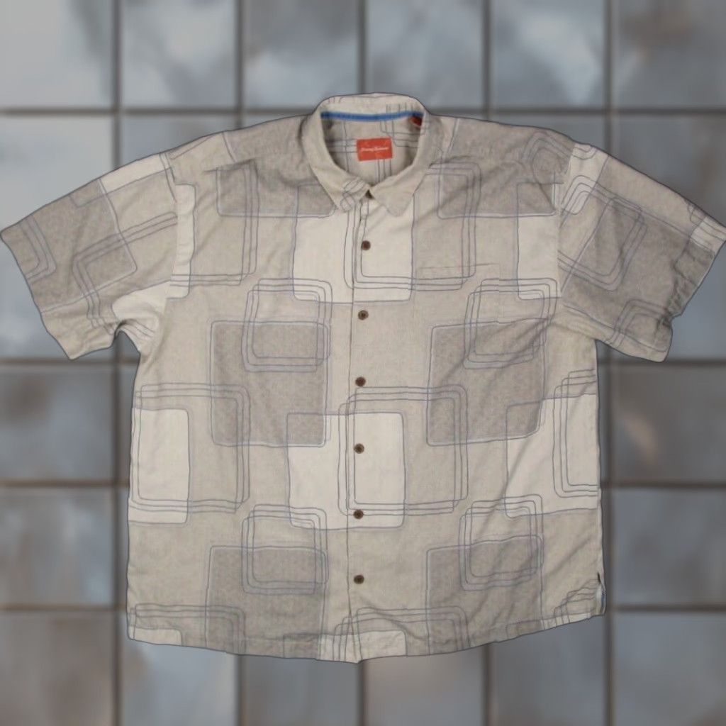 VINTAGE Tommy Bahama Shirt Mens 2XL Beige Silk Button Up Camp Abstract Hawaiian Tiki Geometric Pattern 70s 80s Beach Retro Classic Festival Outdoor