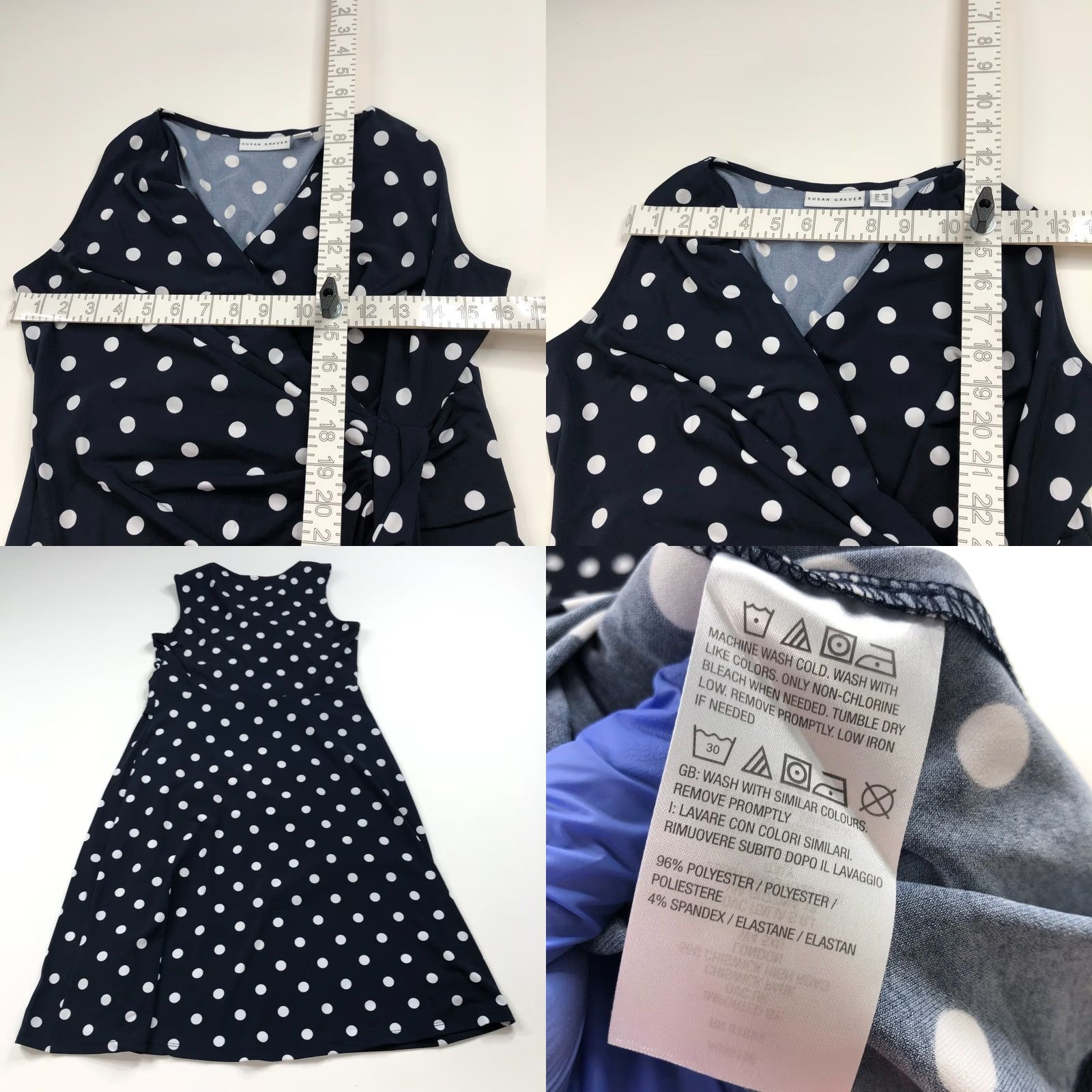 Vintage Susan Graver Polka Dot Blue Faux Wrap Dress Pettite XSP Sleeveless V-Neck A-Line Knee Length Womens PXS MINT Size XS / US 0-2 / IT 36-38 - 8 Thumbnail