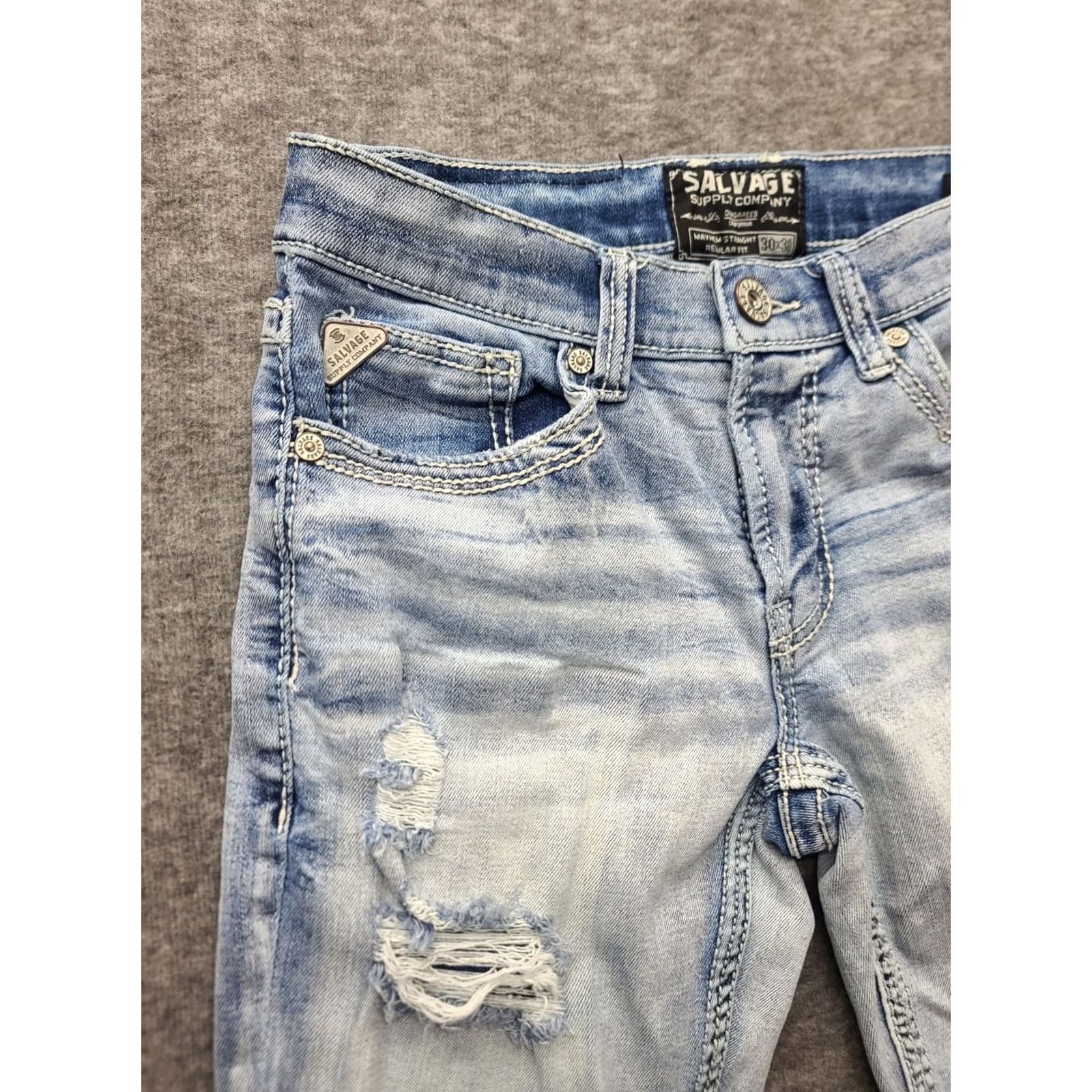 Vintage Salvage Jeans Mens 30x26 Straight Regular Distressed Stretch Denim Blue Cotton Polyester Spandex Buckle Bke Mayhem 30 Inseam 26 in Regular Rise Mid Size US 30 / EU 46 - 7 Thumbnail
