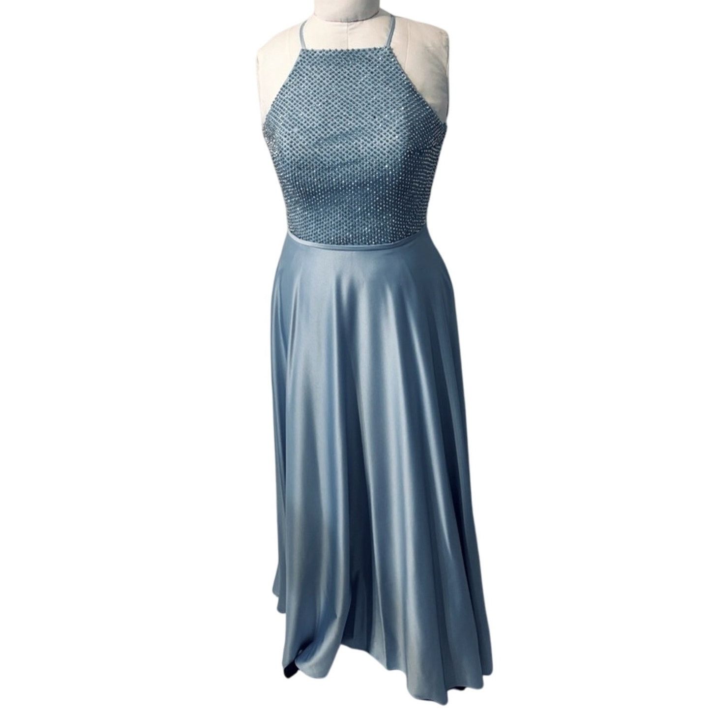 La Femme Light Blue Bead High Neck Cut Out Formal Prom Dress