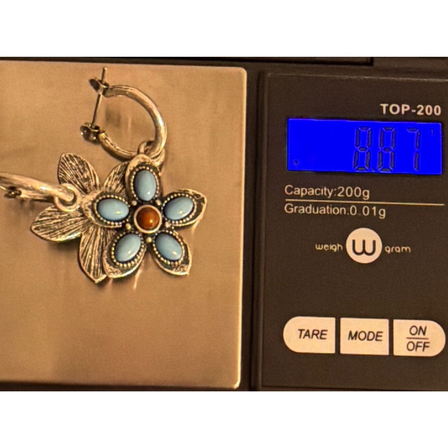 Other Vintage Silver Tone Hoop Dangle Earring Flower Turquoise Bro Size ONE SIZE - 6 Thumbnail