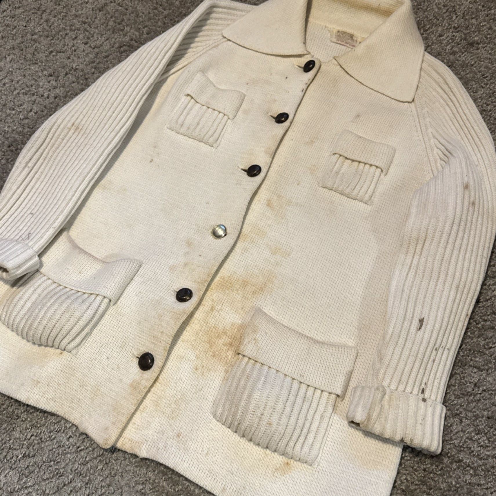 Vintage VINTAGE Montgomery Ward Cardigan Sweater Men's 42 White 4-Pocket Acrylic Knit Stripes Stains Size US XL / EU 56 / 4 - 7 Thumbnail