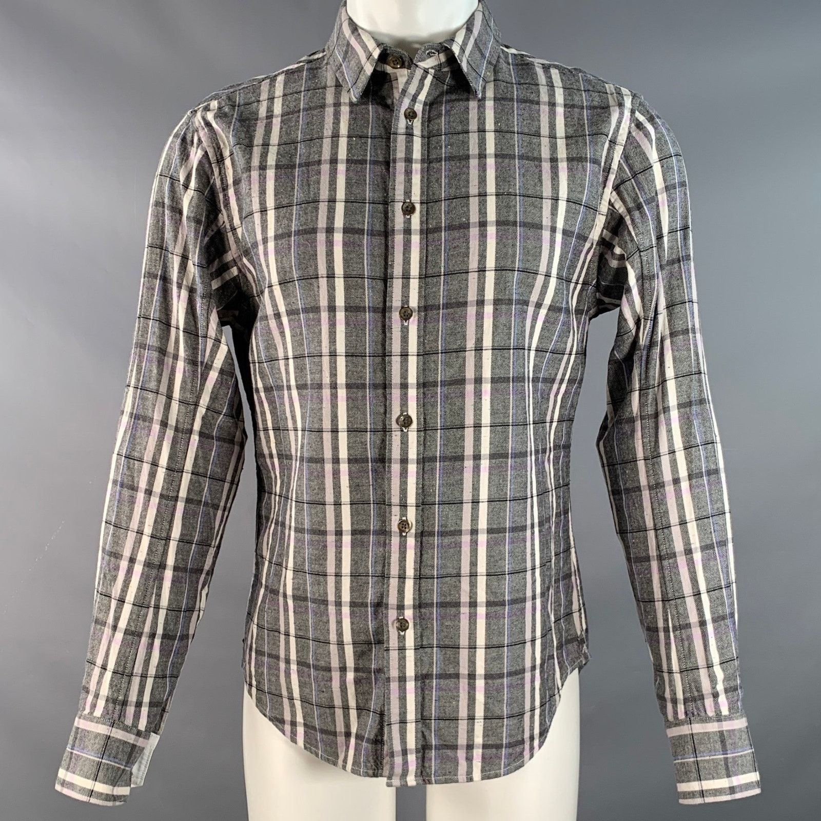 Black White & Purple Plaid Pointed Collar Long Sleeve Shirt
