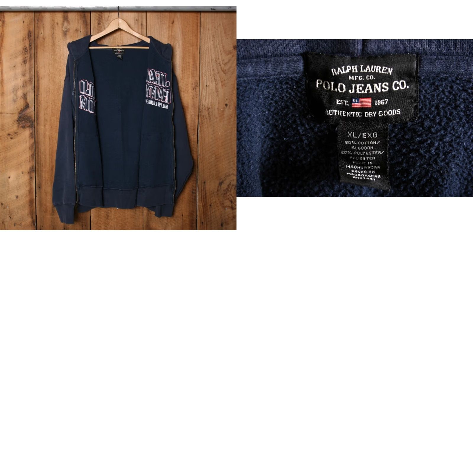 Ralph Lauren VINTAGE Ralph Lauren Polo Jeans Co. Full Zip Hoodie Mens XL Blue Patch 80/20 Cotton-Polyester 1990s 2XL-style Size US XL / EU 56 / 4 - 8 Thumbnail