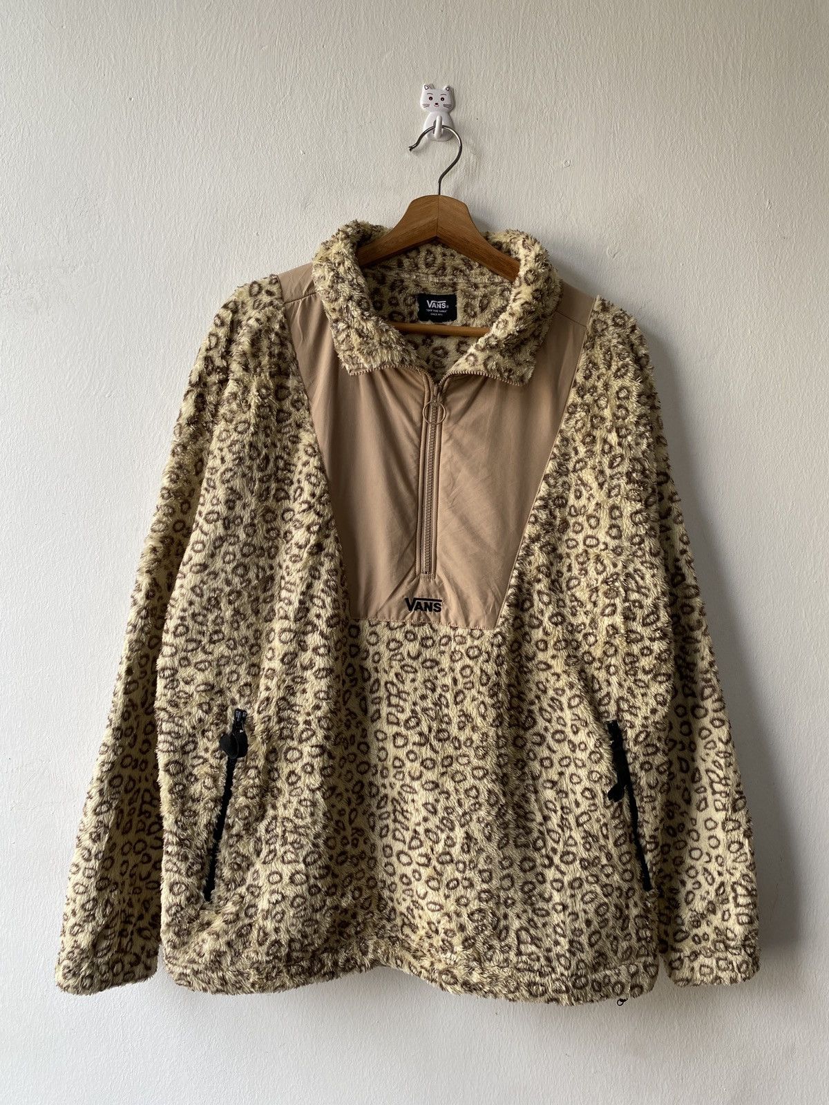 image of Vans Anorak Half Zipper Leopard Design Fleece Jacket, Men's (Size Large)