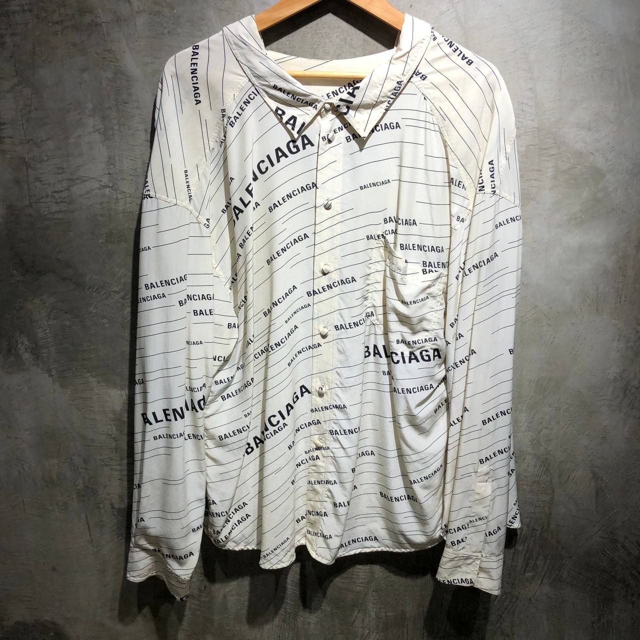 image of Balenciaga Runway Logo Print Silk Crepe Button Down Shirt in White, Men's (Size XL)