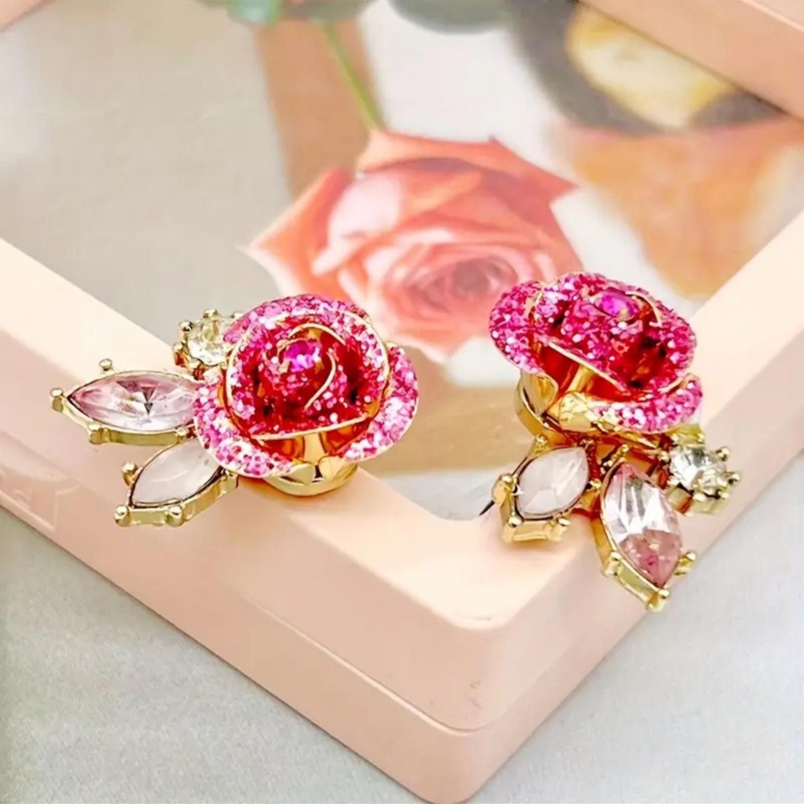 Designer Pink Rose Crystal Stud Earrings Size ONE SIZE - 3 Thumbnail