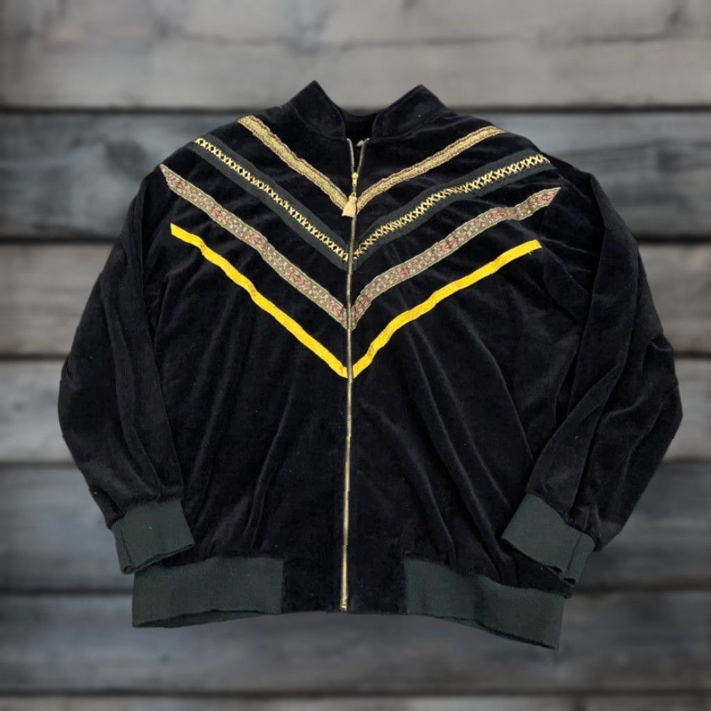 Velour VINTAGE Bonnie Blain Velour Zip Track Jacket Women 1X Black Striped Full Zip 90s USA Made Womens Size XL / US 12-14 / IT 48-50 - 1 Thumbnail