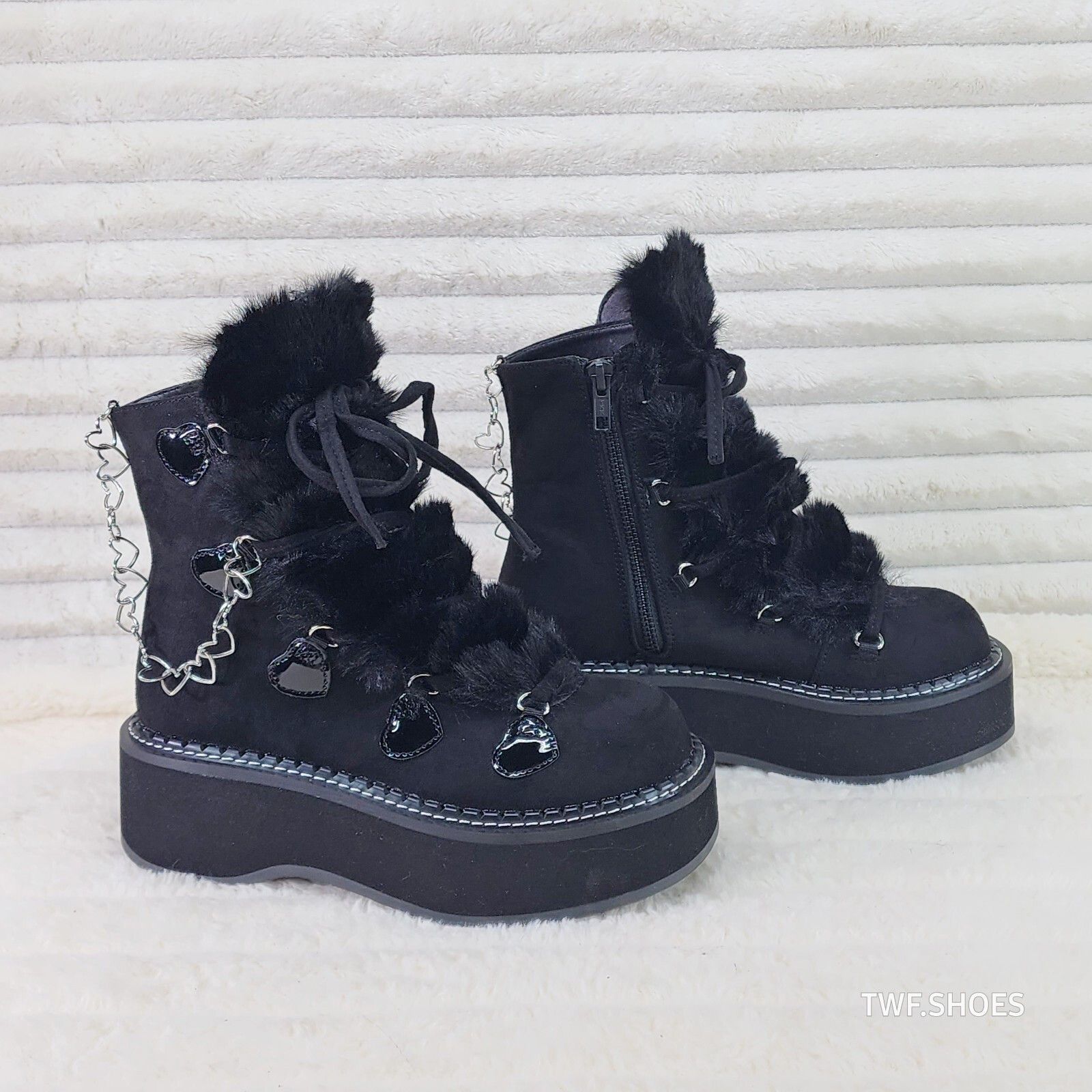 Other Emily Black Furry Heart Chain Goth 2" Platform Ankle Boots 5 Size US 10 / IT 40 - 7 Thumbnail