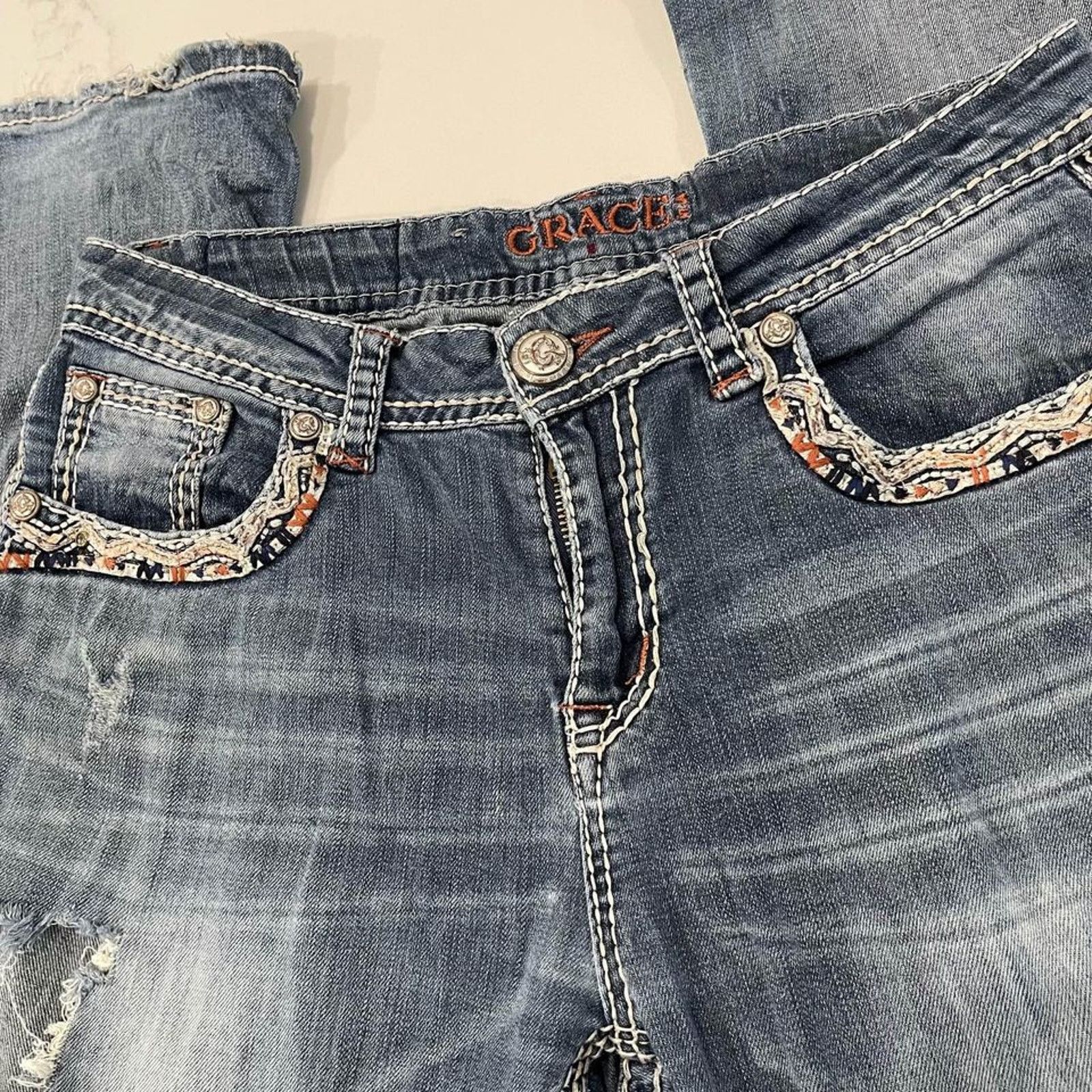 Grace in LA Grace in LA Bootcut Jeans Rhinestone Distressed Women's 29 Size 29" - 4 Thumbnail