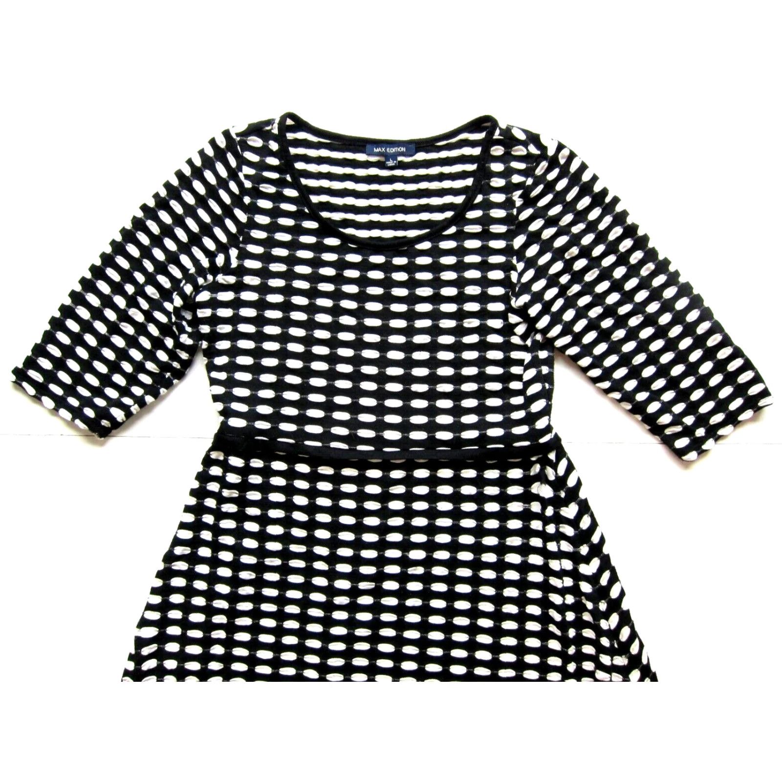 Vintage Max Edition Black White Polka Dot Waffle Stretch 3/4 Sleeve Fit Flare Dress L Size L / US 10 / IT 46 - 4 Thumbnail