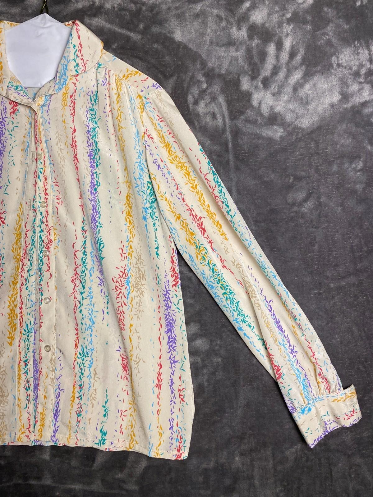 Designer Latiffa 70s Womens Sz.10 Tan Floral LS RND Collar Shirt (B14 Size L / US 10 / IT 46 - 6 Thumbnail