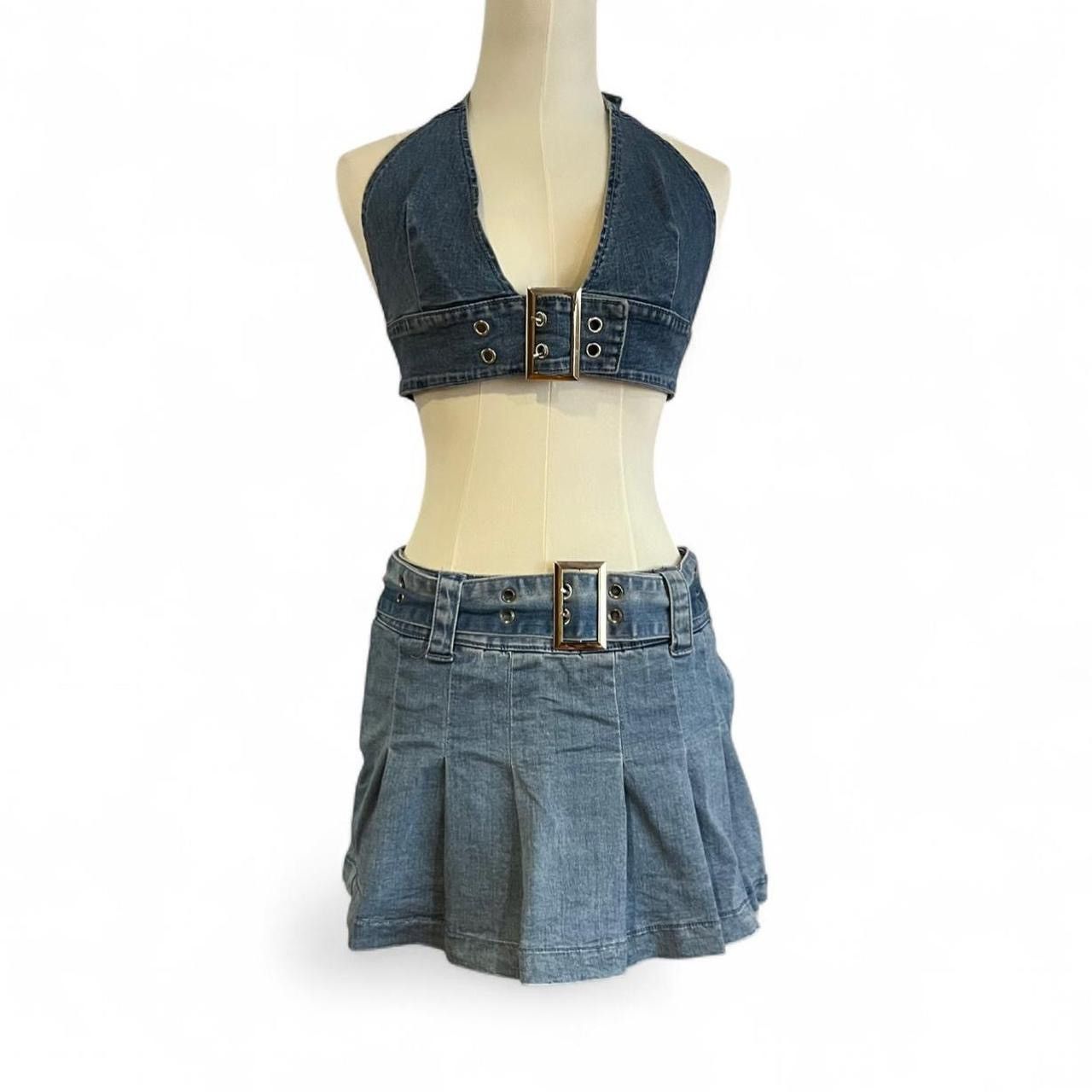 Sugar Y2K outfit Sugar Thrillz denim belted halter top & skirt set Size S / US 4 / IT 40 - 1 Thumbnail