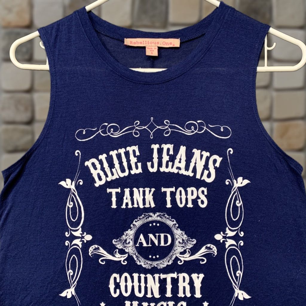 Vintage Rebellious One Tank Top Women’s Small Blue White Graphic Rounded Hem Shirt Womens Tank Top Short Sleeveless Round Neck Size S / US 4 / IT 40 - 1 Thumbnail