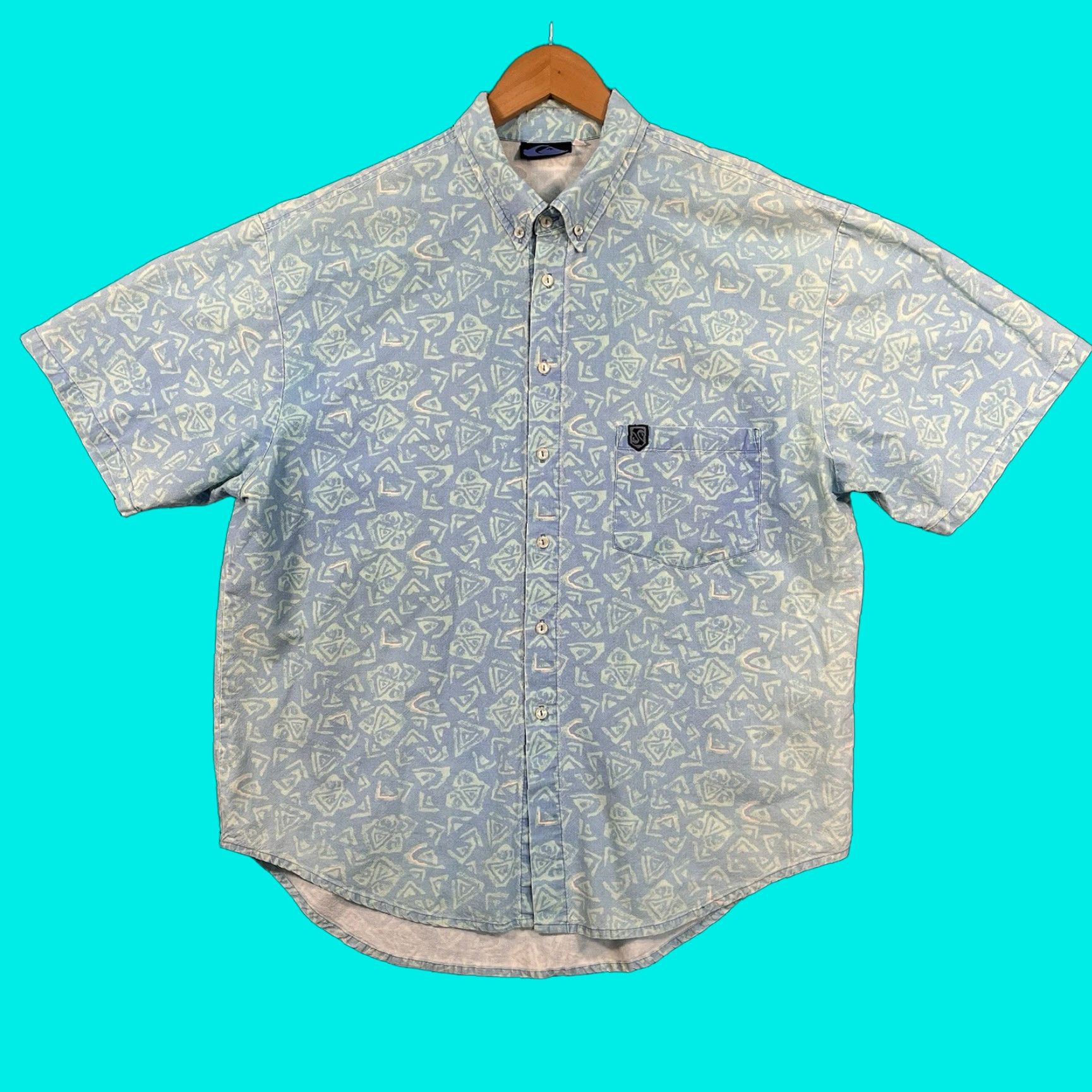 Quiksilver VINTAGE Quiksilver Shirt Surf Short Sleeve Button-Up Neon Blue 90s Large AOP Men L Blue 90s Mens Size US L / EU 52-54 / 3 - 1 Thumbnail