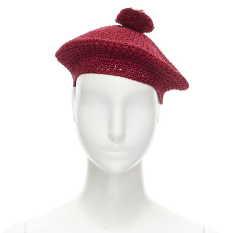Gucci new GUCCI Michele 100% cotton burgundy red pom pom knit beret hat M 57cm Size ONE SIZE - 1 Thumbnail
