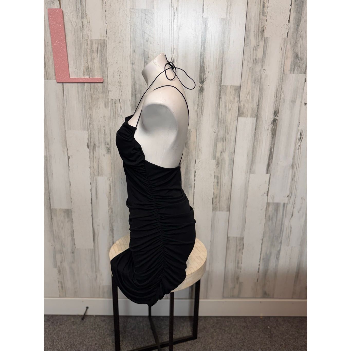 Other Black Ruched Bodycon Mini Dress Halter Neck Tie Back Stretch Size L / US 10 / IT 46 - 2 Thumbnail