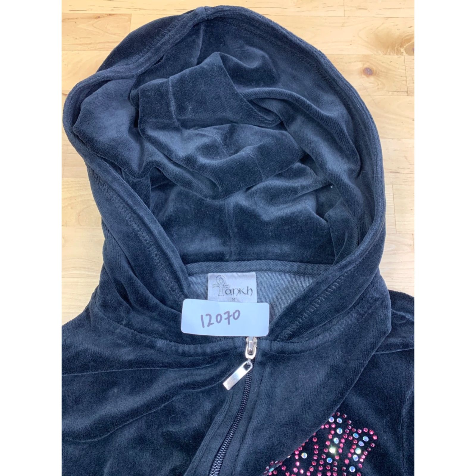 Velour VINTAGE Tankh Velour Jacket Womens M Black Rhinestones Y2K Hooded Zip Size M / US 6-8 / IT 42-44 - 2 Thumbnail