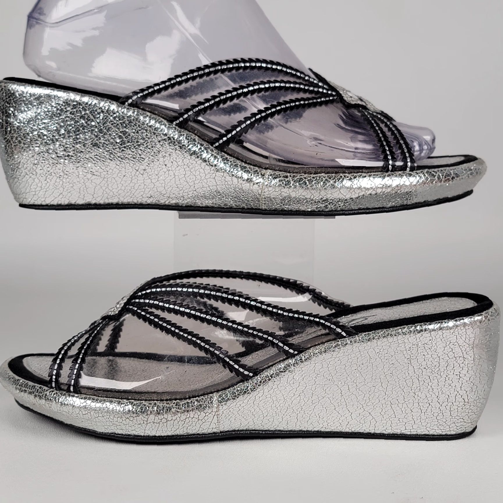 Vintage Degaria Women's Heel Open Toe Kitten Pump Silver Black 8.5 Pumps Shoes Size US 9 / IT 39 - 5 Thumbnail
